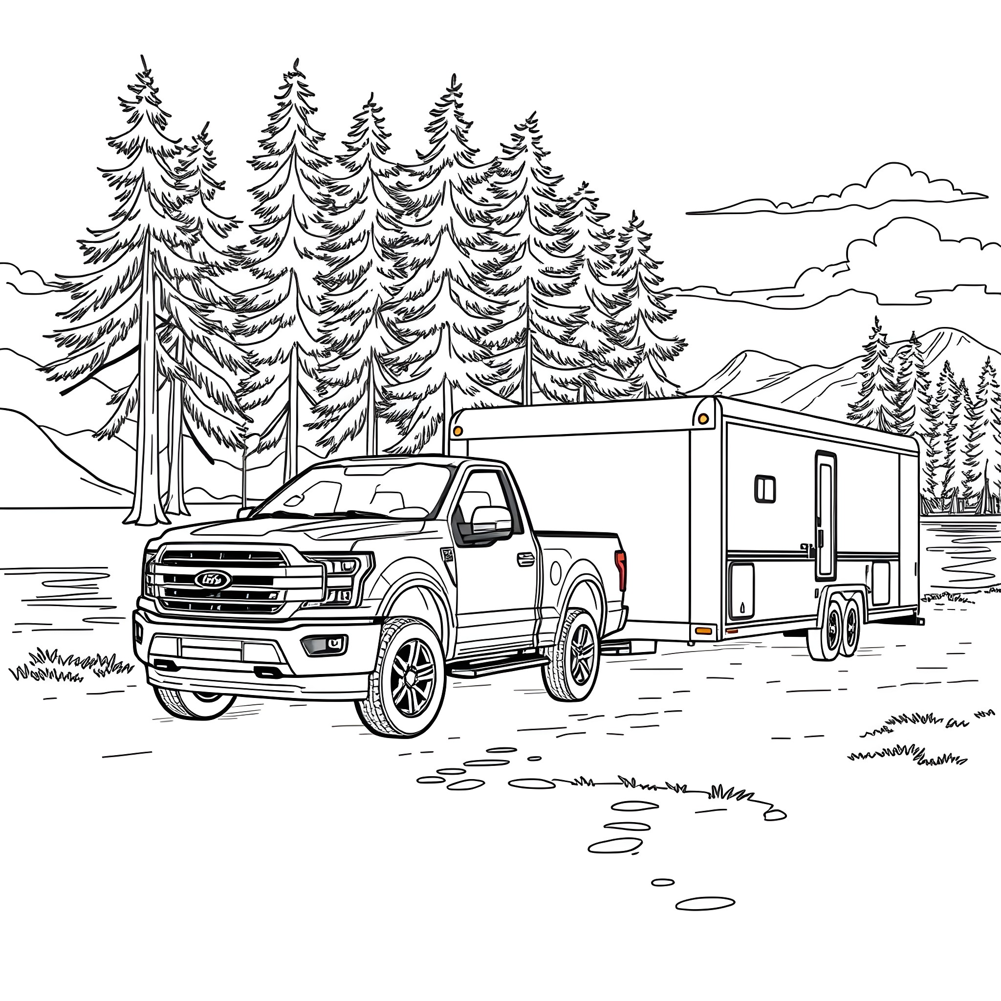 Pickup towing a trailer through the forest Coloring Page (free black-and-white line drawing printable PDF for all, from beginners to advanced learners, including children, teens, adults, and seniors)
