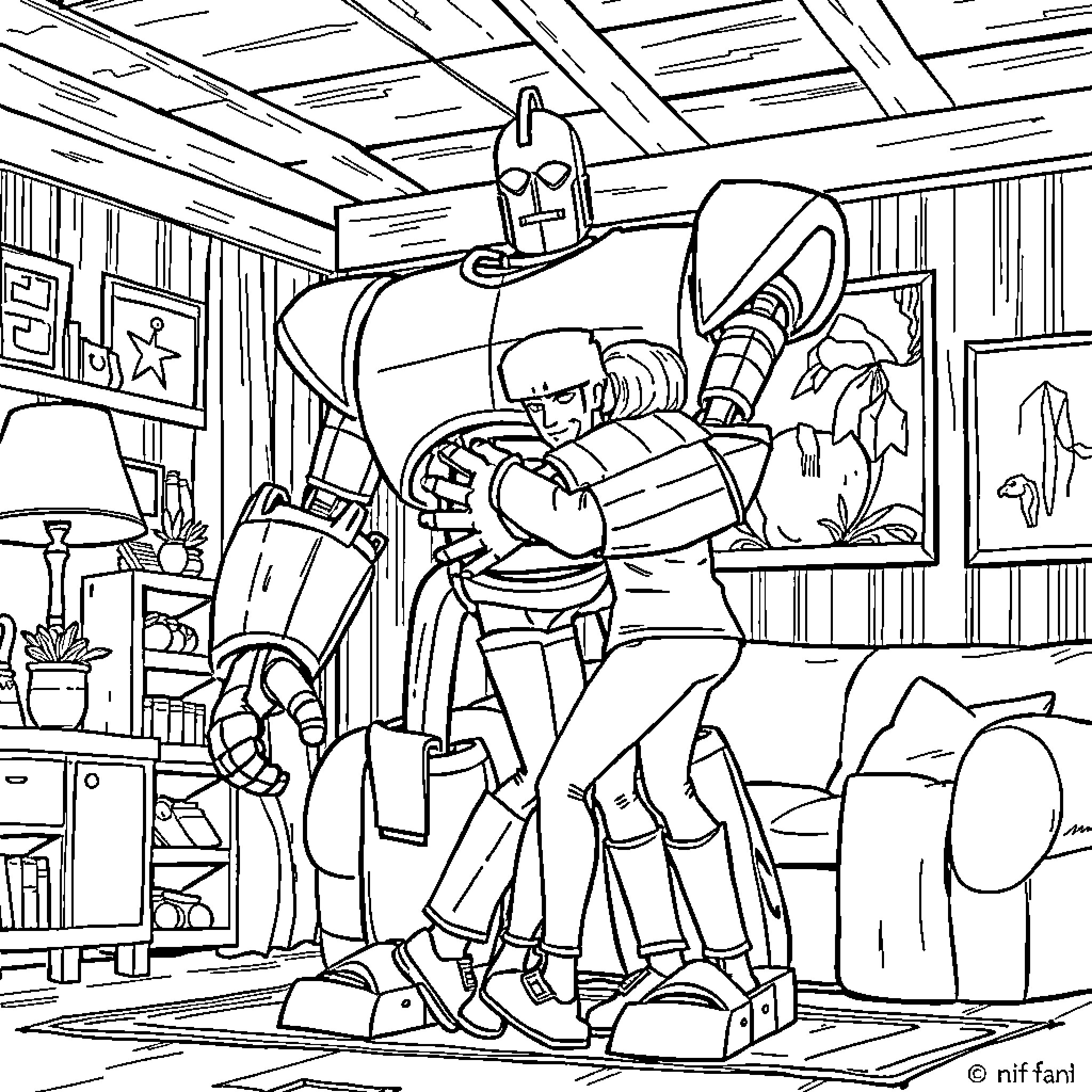 Giant Robot Assists Injured Human in Cluttered Workspace Coloring Page (free black-and-white line drawing printable PDF for all, from beginners to advanced learners, including children, teens, adults, and seniors)