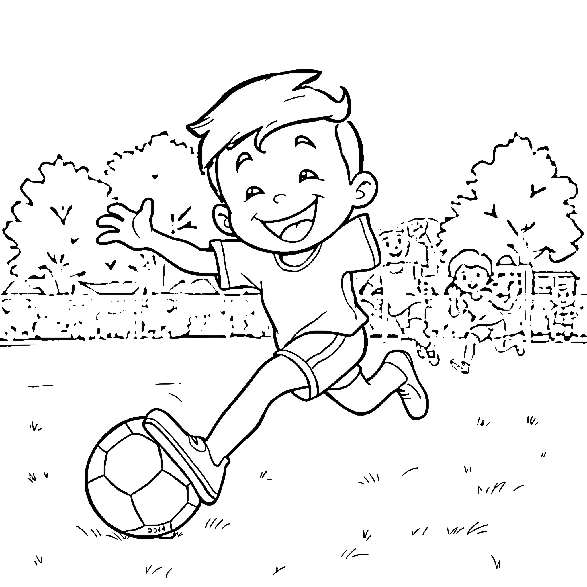 Bimbo playing joyfully with soccer ball outdoors Coloring Page (free black-and-white line drawing printable PDF for all, from beginners to advanced learners, including children, teens, adults, and seniors)