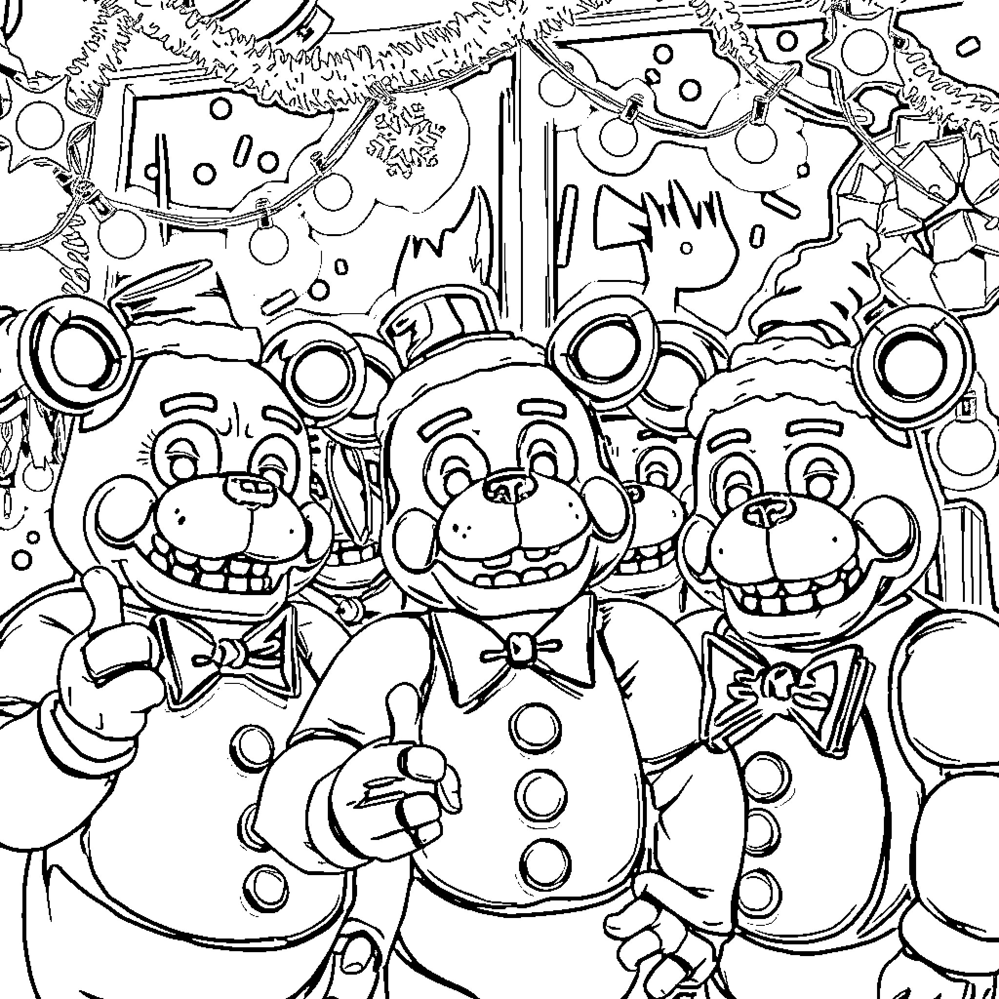 Five Nights At Freddy's: Spooky Animatronic Characters in Festive Attire Coloring Page (free black-and-white line drawing printable PDF for all, from beginners to advanced learners, including children, teens, adults, and seniors)