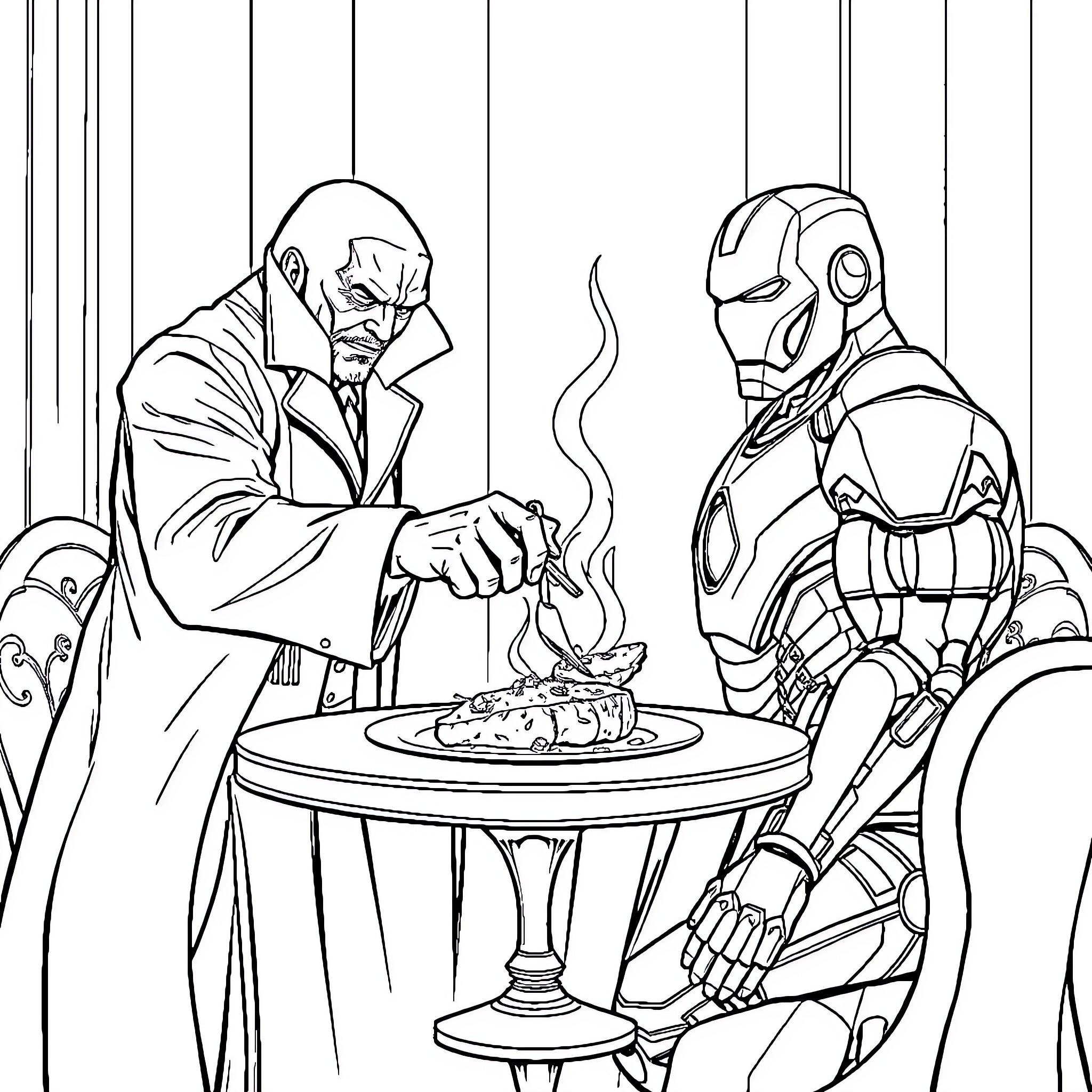 Doctor Fatalis Serves Meal to Armored Companion Coloring Page (free black-and-white line drawing printable PDF for all, from beginners to advanced learners, including children, teens, adults, and seniors)