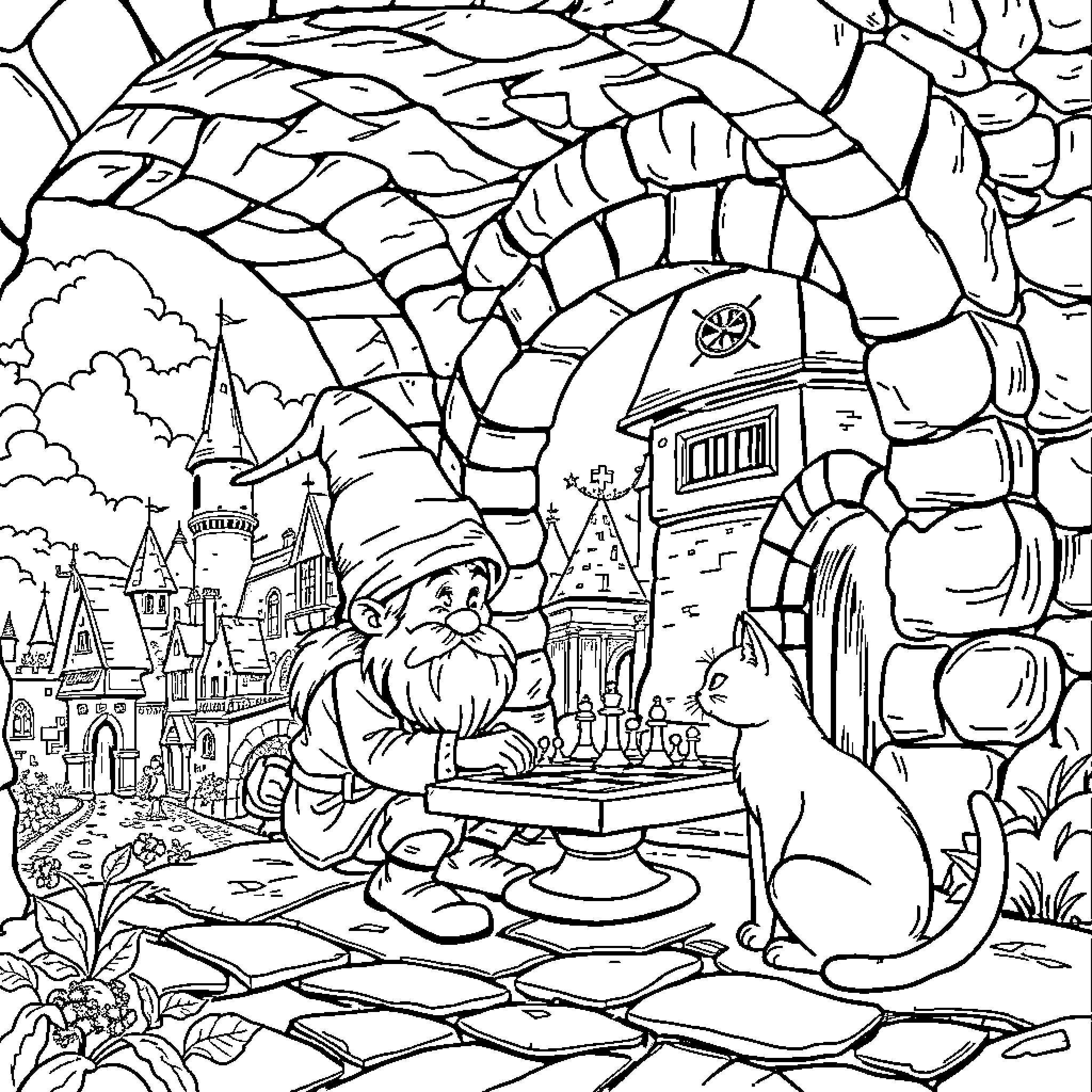 Gnome cooking a meal in a fantastical scene Coloring Page (free black-and-white line drawing printable PDF for all, from beginners to advanced learners, including children, teens, adults, and seniors)