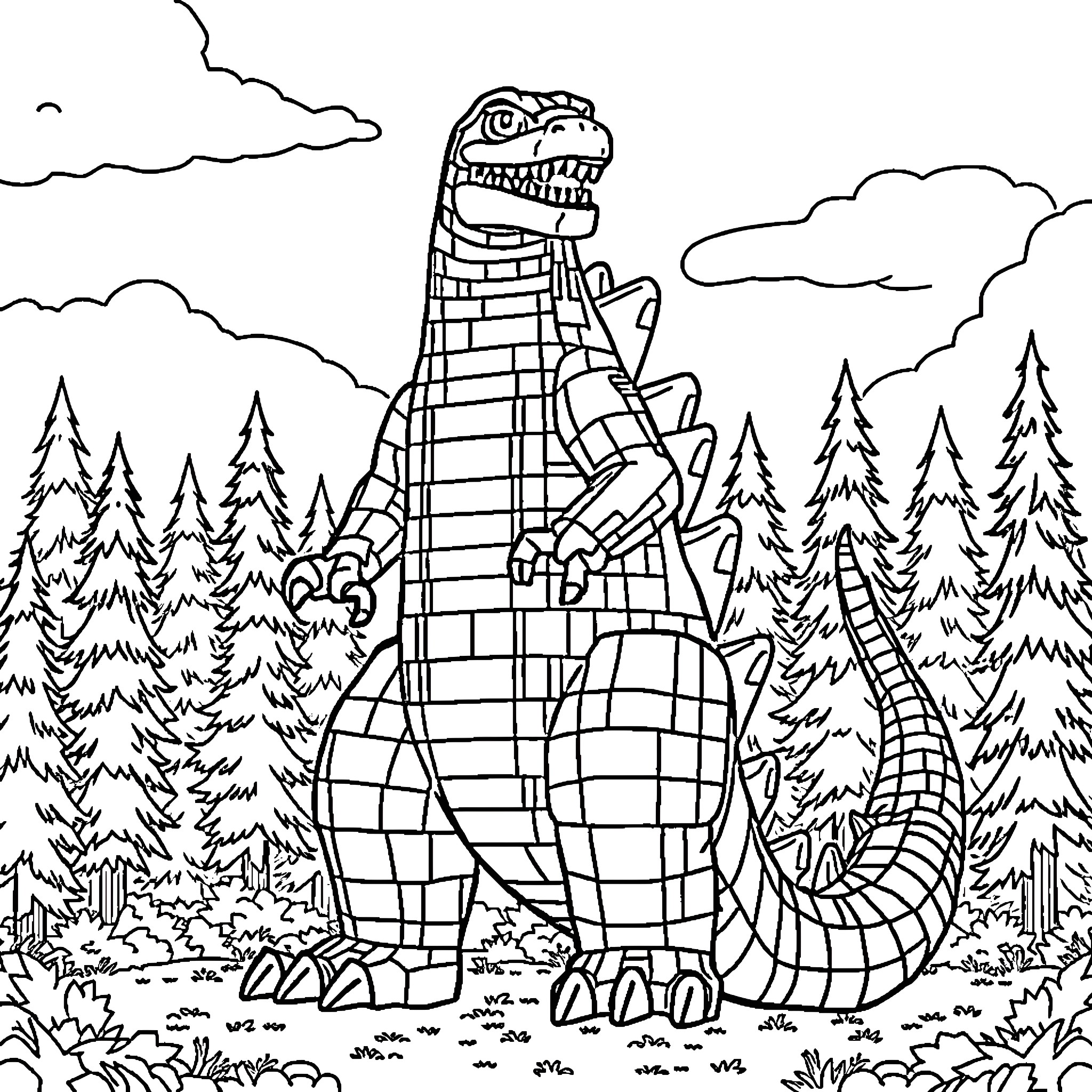 Godzilla stomping through the forest landscape Coloring Page (free black-and-white line drawing printable PDF for all, from beginners to advanced learners, including children, teens, adults, and seniors)