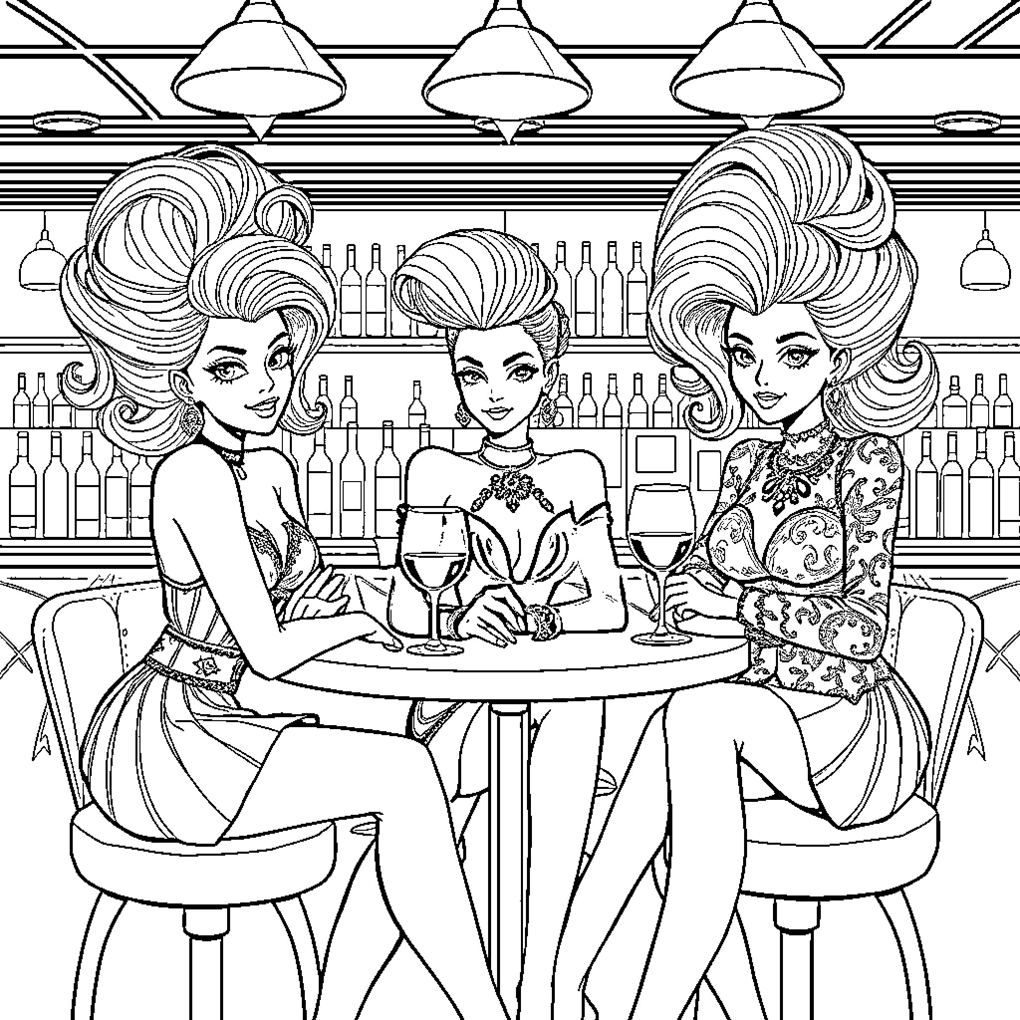 Girls enjoying drinks at the bar Coloring Page (free black-and-white line drawing printable PDF for all, from beginners to advanced learners, including children, teens, adults, and seniors)