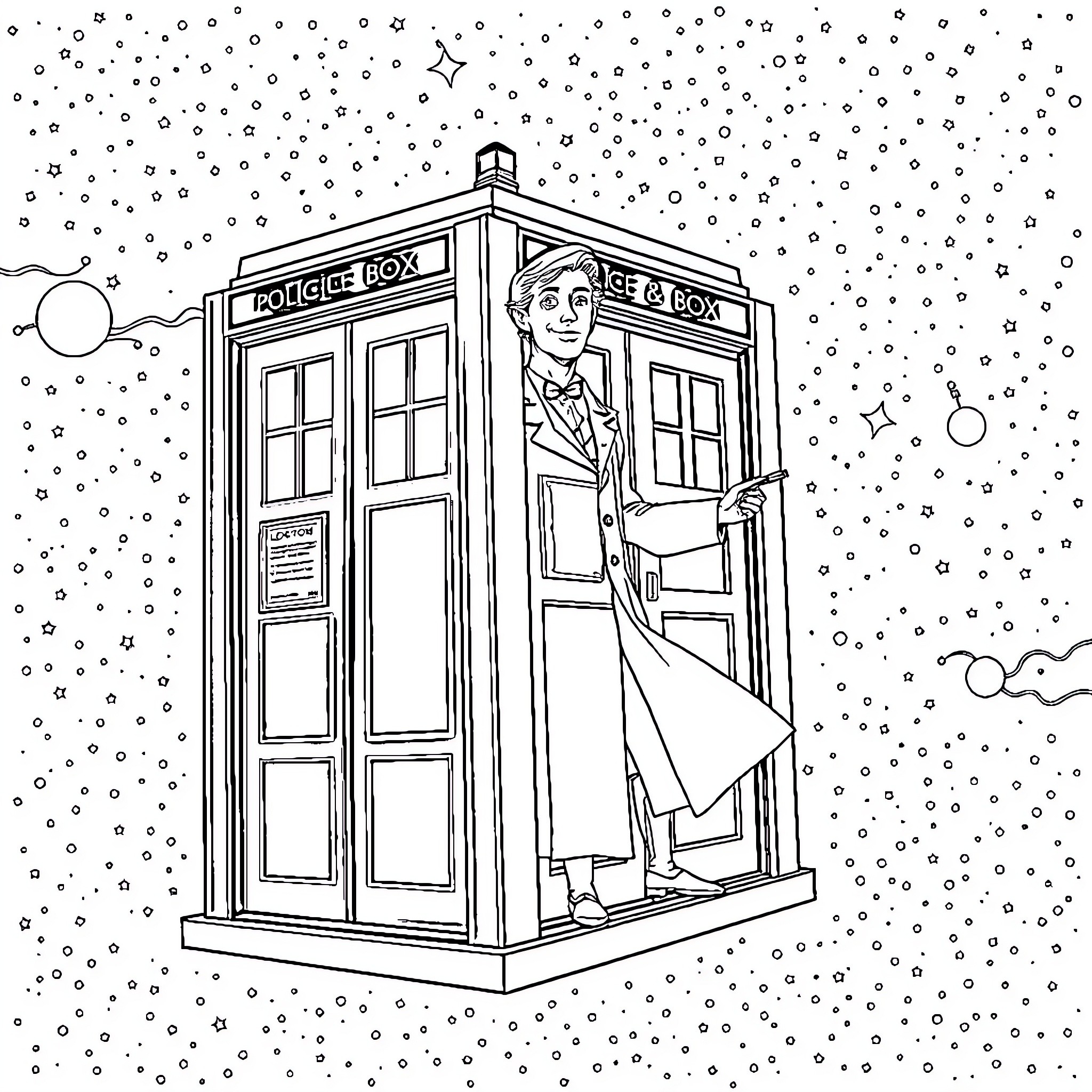 Doctor Who standing in the TARDIS during a snowy night Coloring Page (free black-and-white line drawing printable PDF for all, from beginners to advanced learners, including children, teens, adults, and seniors)