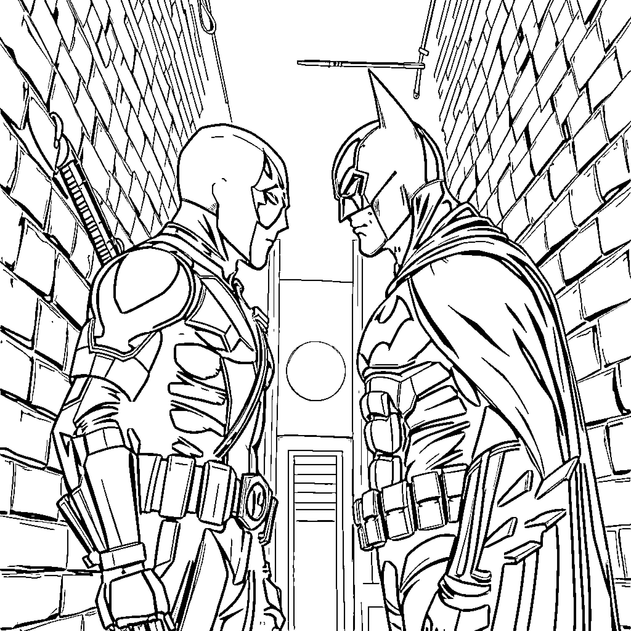 Deadpool and Batman in a Confrontation Coloring Page (free black-and-white line drawing printable PDF for all, from beginners to advanced learners, including children, teens, adults, and seniors)