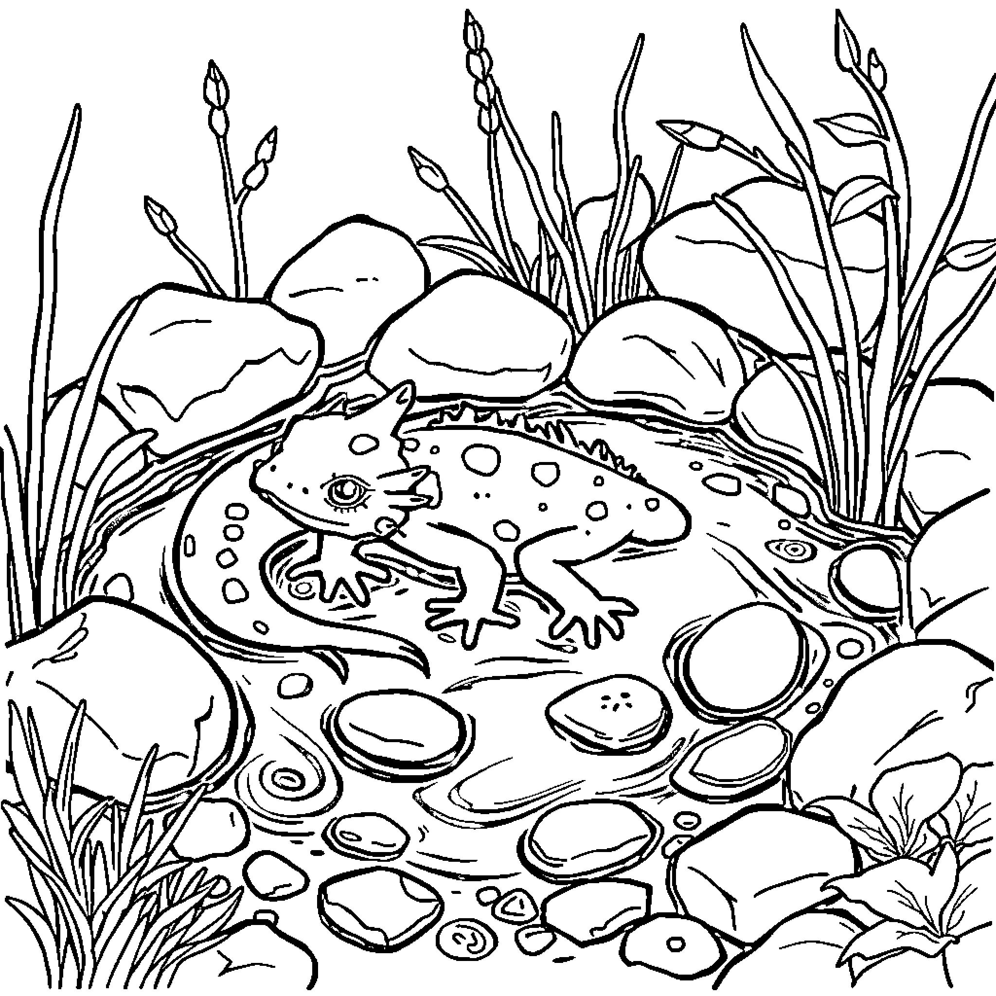 Axolotl exploring a rocky underwater habitat Coloring Page (free black-and-white line drawing printable PDF for all, from beginners to advanced learners, including children, teens, adults, and seniors)