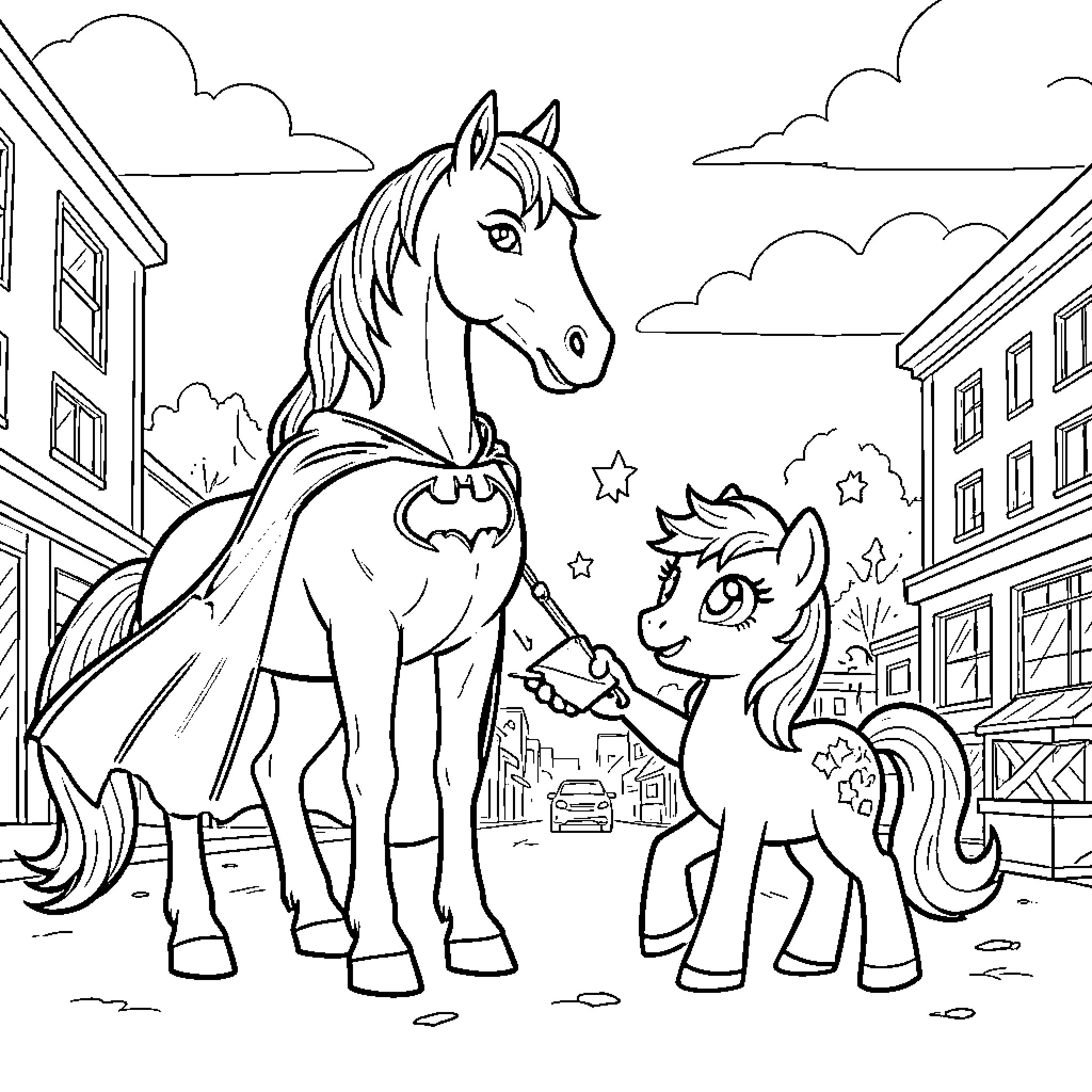 Horse wearing a superhero cape meeting a small pony Coloring Page (free black-and-white line drawing printable PDF for all, from beginners to advanced learners, including children, teens, adults, and seniors)