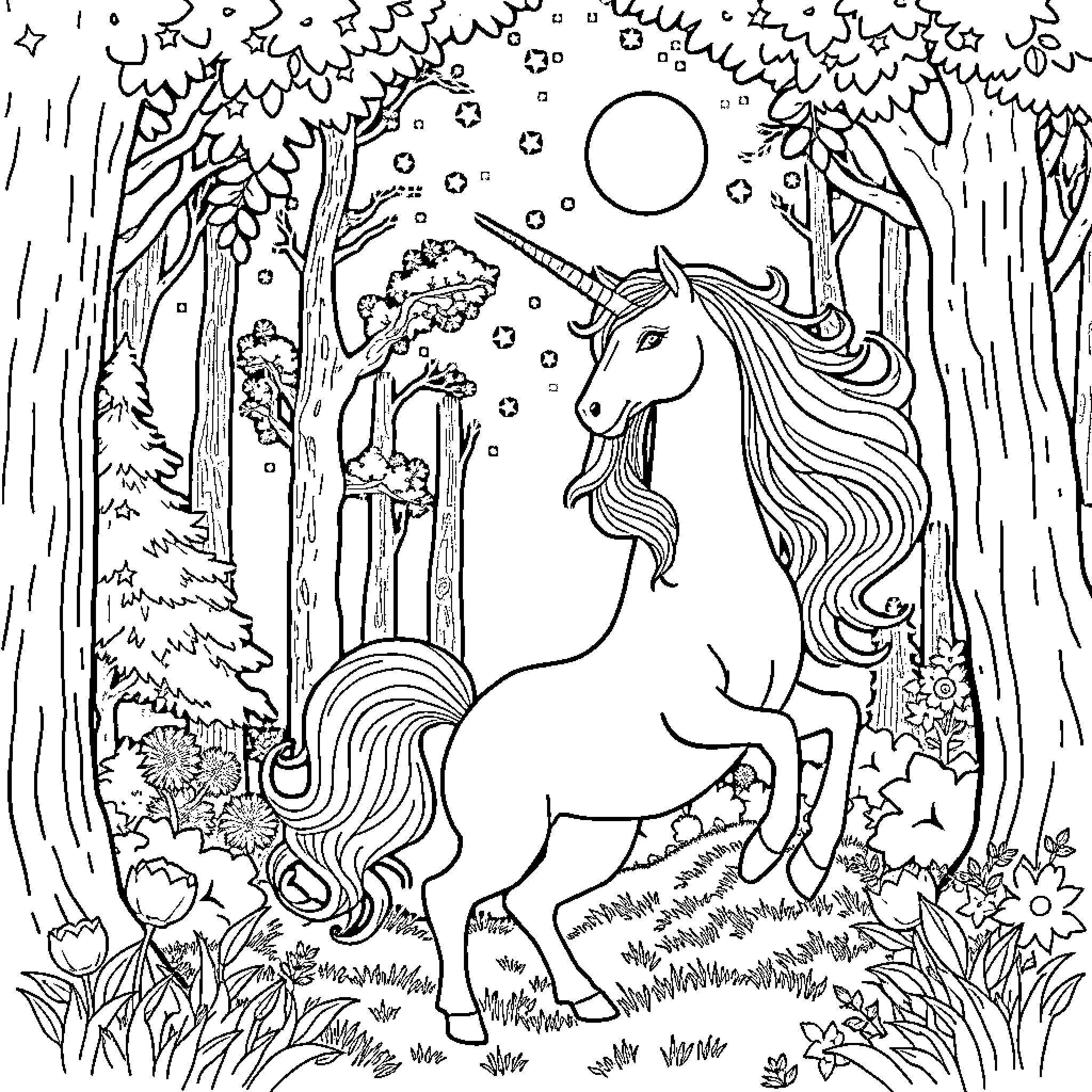Unicorn in the Enchanted Forest Coloring Page (free black-and-white line drawing printable PDF for all, from beginners to advanced learners, including children, teens, adults, and seniors)