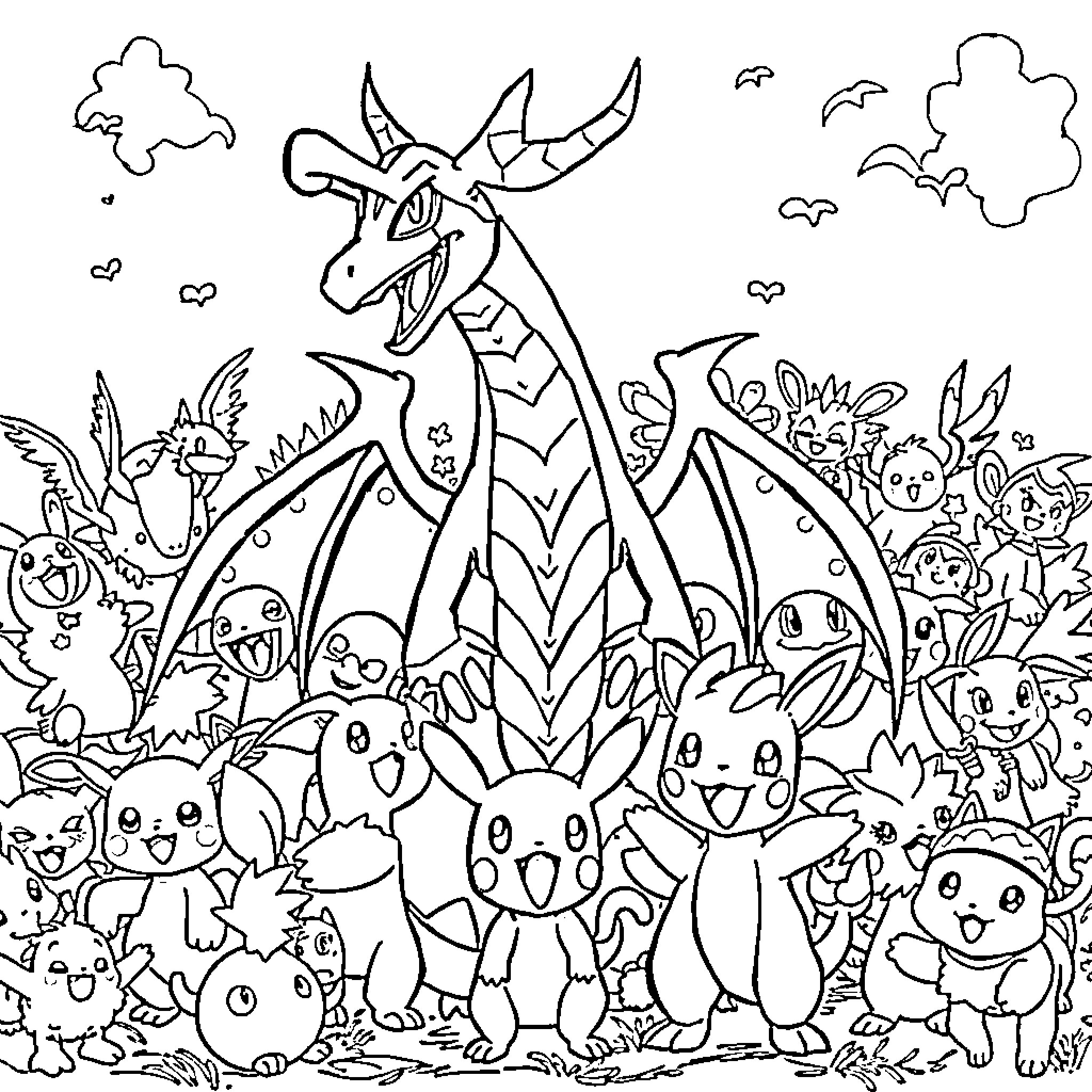 Dracofeu's Fantastical Gathering of Whimsical Creatures Coloring Page (free black-and-white line drawing printable PDF for all, from beginners to advanced learners, including children, teens, adults, and seniors)