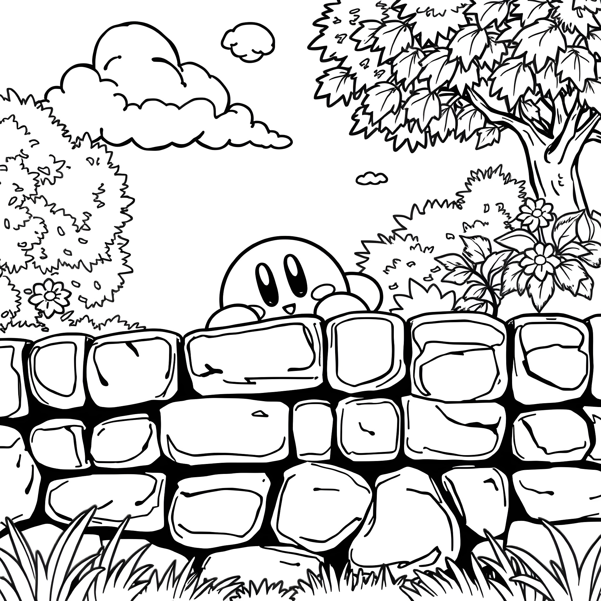 Kirby peeking out from behind a stone wall in a nature scene Coloring Page (free black-and-white line drawing printable PDF for all, from beginners to advanced learners, including children, teens, adults, and seniors)