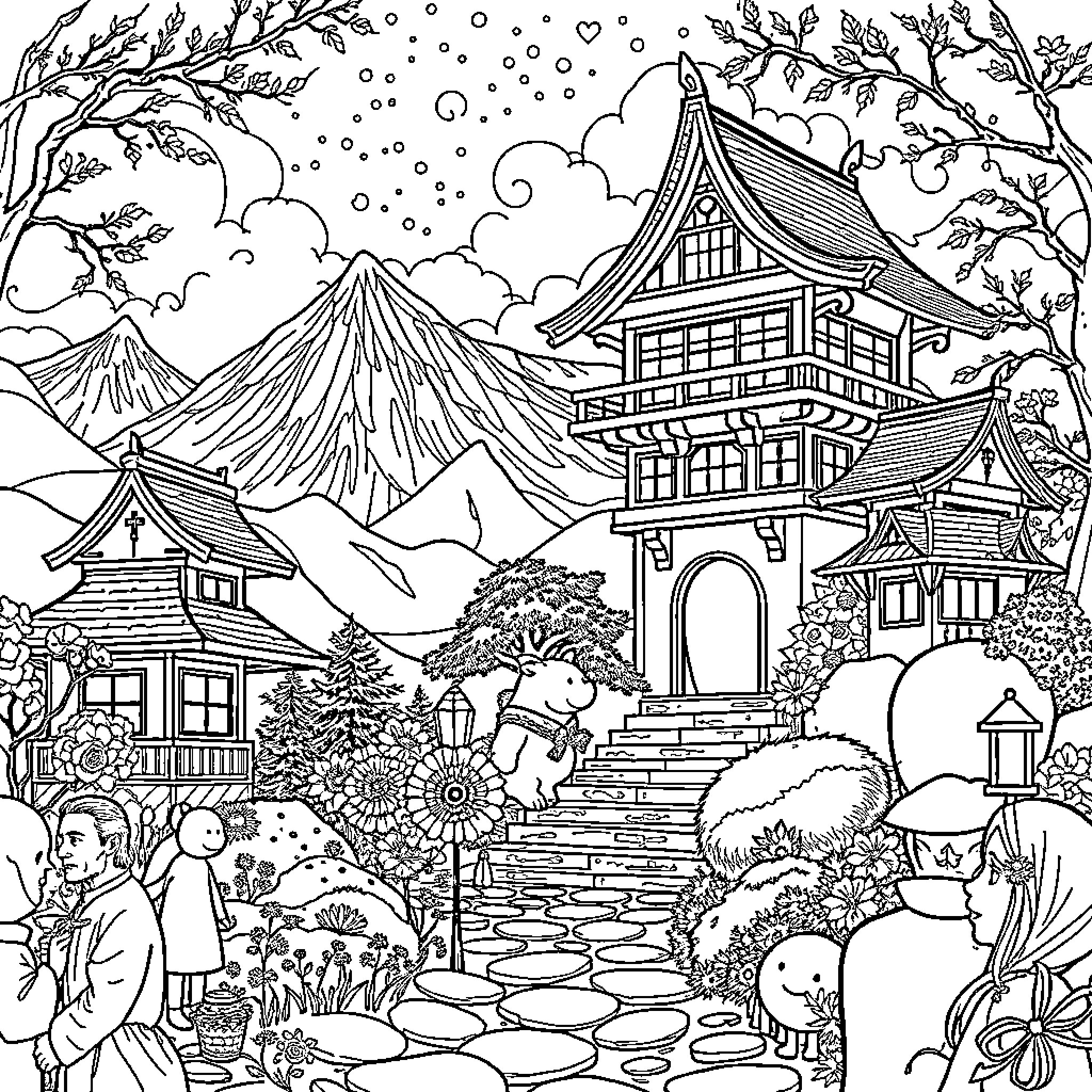 Ghibli Landscape with Whimsical Architecture and Creatures Coloring Page (free black-and-white line drawing printable PDF for all, from beginners to advanced learners, including children, teens, adults, and seniors)