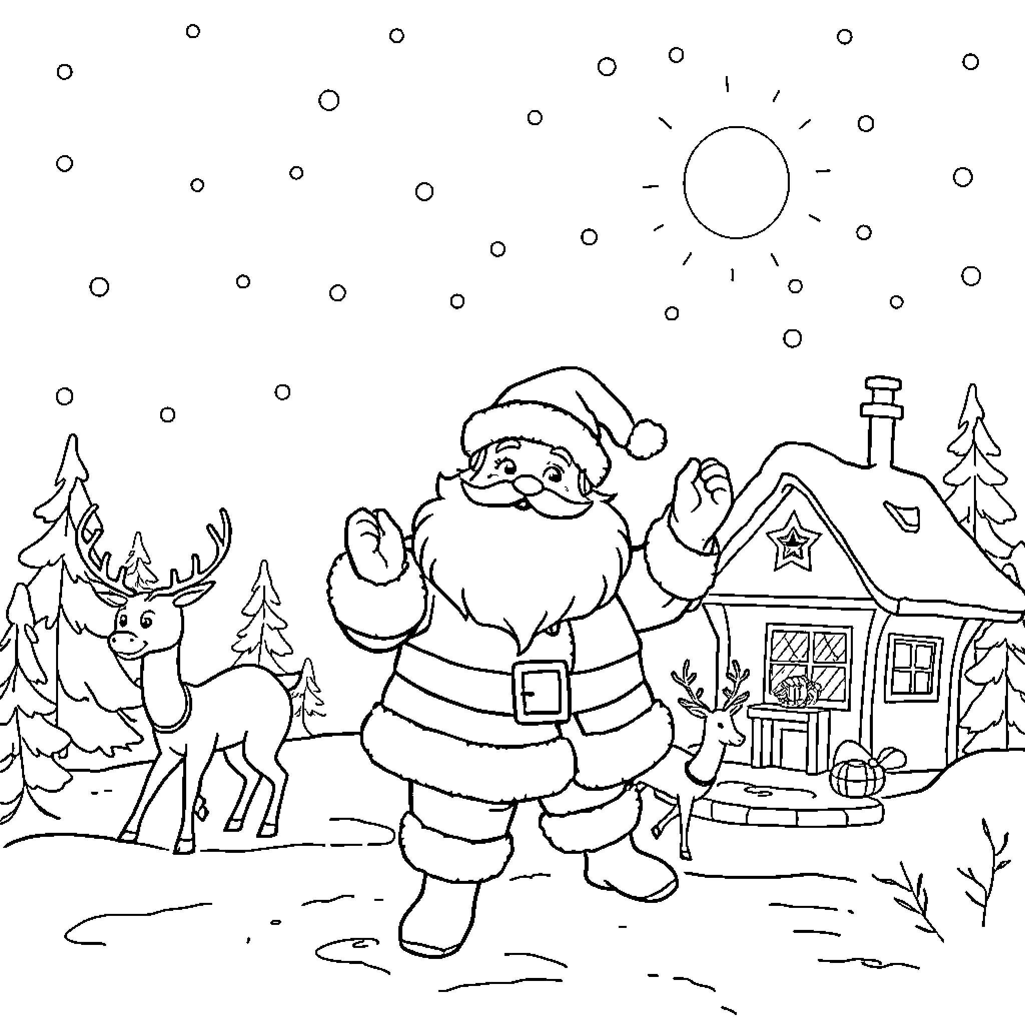 Santa waving and greeting in winter wonderland Coloring Page (free black-and-white line drawing printable PDF for all, from beginners to advanced learners, including children, teens, adults, and seniors)