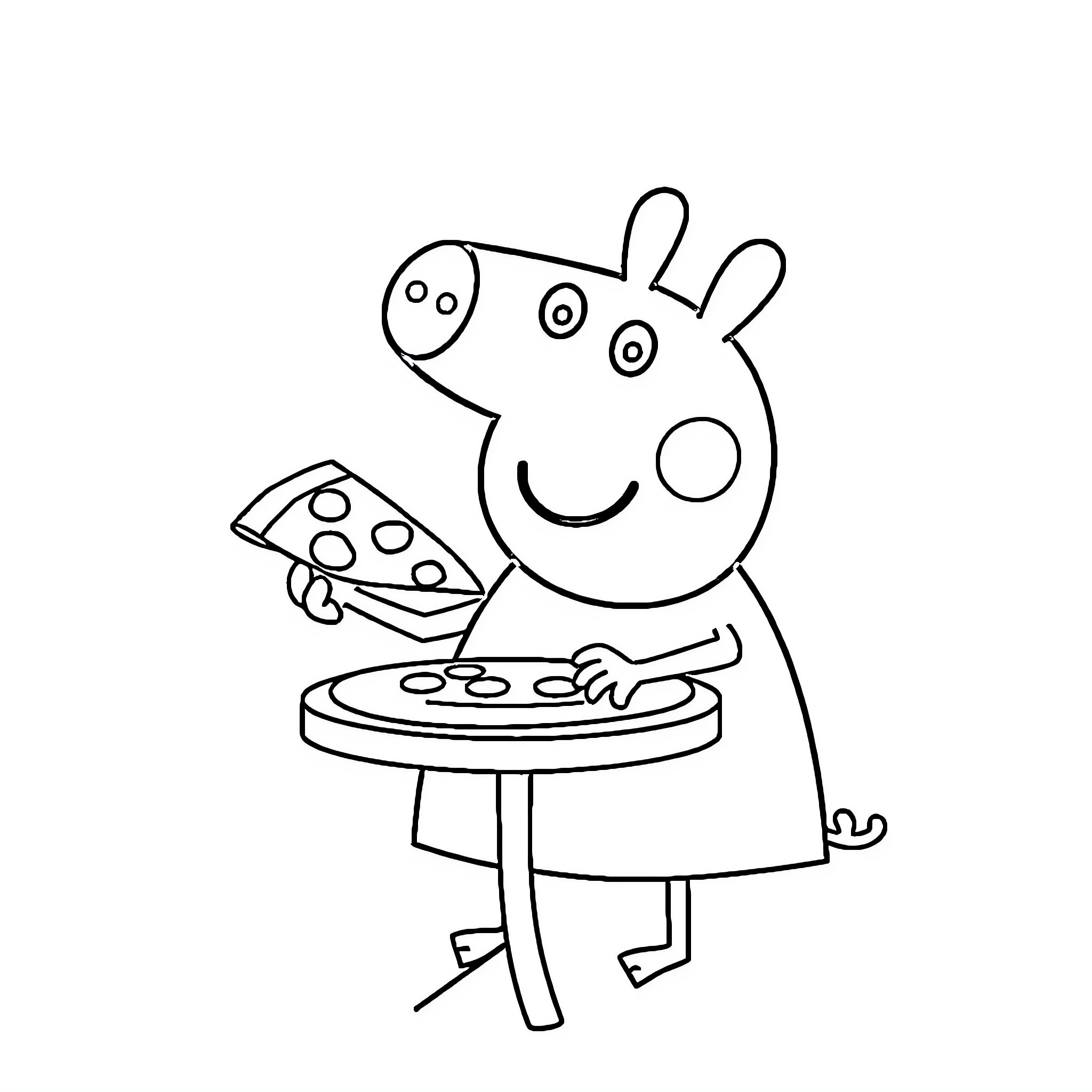 Peppa Pig enjoying pizza at the table Coloring Page (free black-and-white line drawing printable PDF for all, from beginners to advanced learners, including children, teens, adults, and seniors)