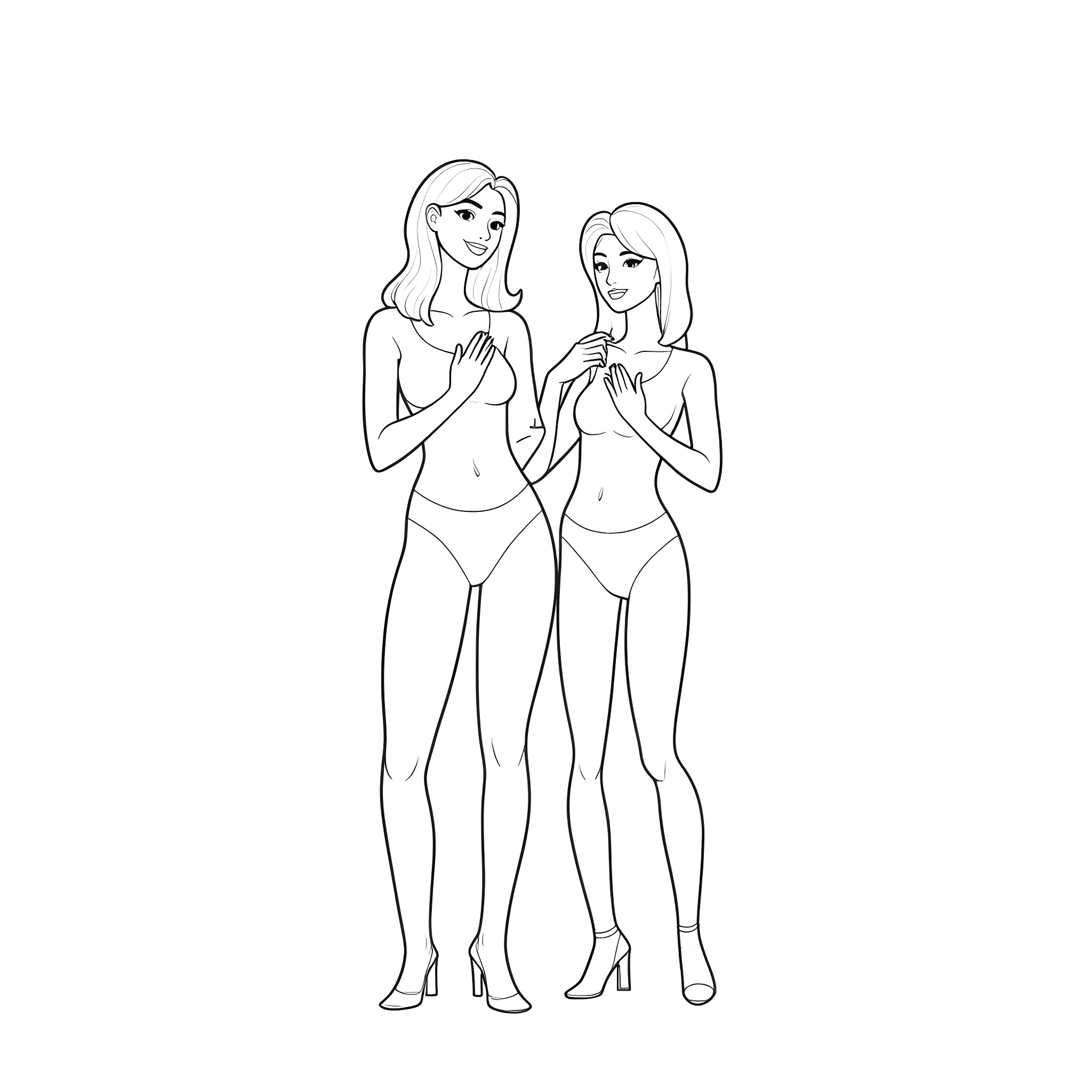 Model women posing in swimwear Coloring Page (free black-and-white line drawing printable PDF for all, from beginners to advanced learners, including children, teens, adults, and seniors)