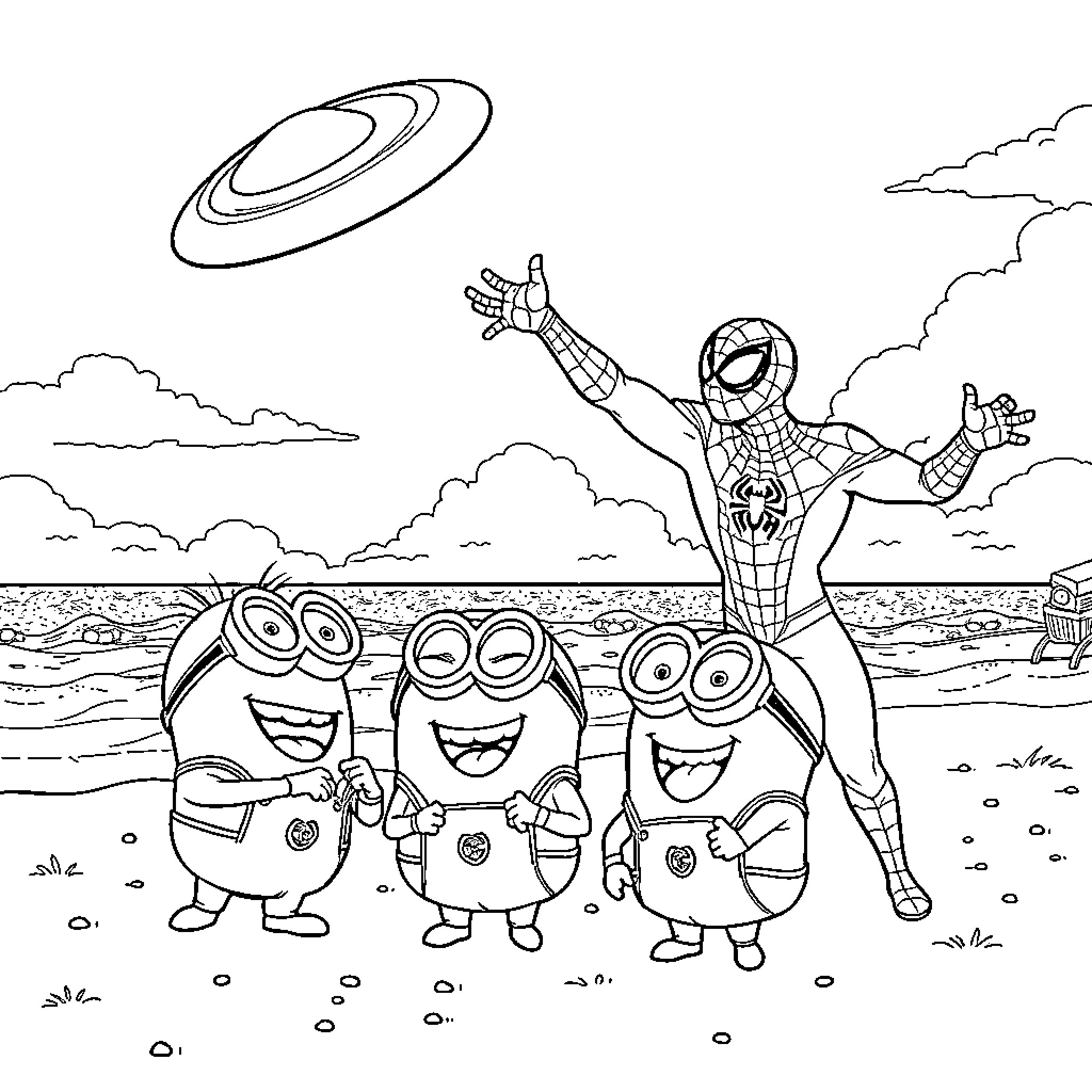 Minions and Spider-Man enjoying a sunny day at the beach Coloring Page (free black-and-white line drawing printable PDF for all, from beginners to advanced learners, including children, teens, adults, and seniors)