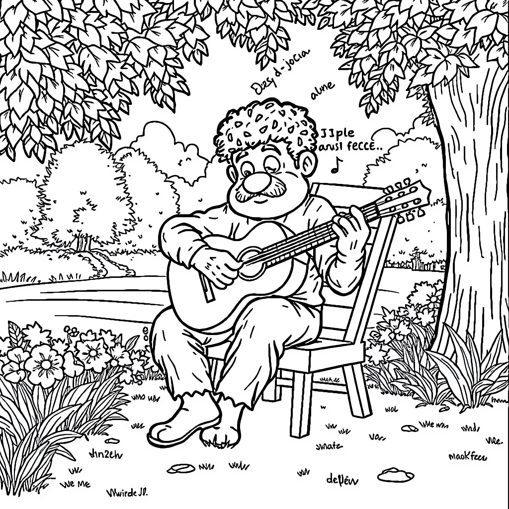 Labubu's Musical Delight in the Enchanted Forest Coloring Page (free black-and-white line drawing printable PDF for all, from beginners to advanced learners, including children, teens, adults, and seniors)