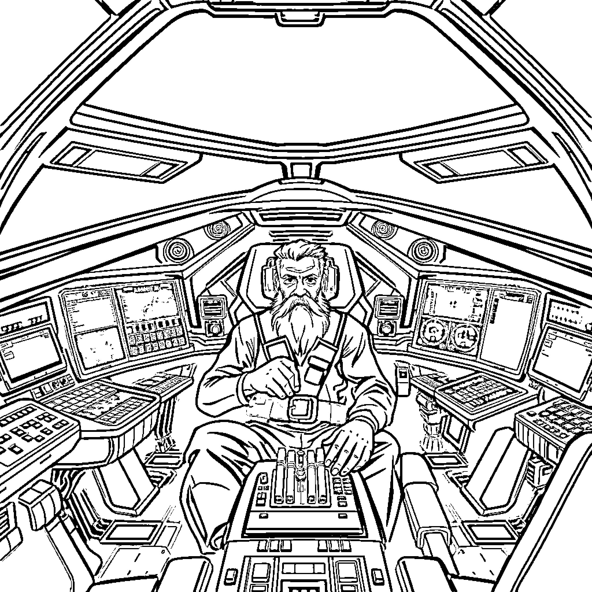 Thucydides commanding a futuristic spacecraft Coloring Page (free black-and-white line drawing printable PDF for all, from beginners to advanced learners, including children, teens, adults, and seniors)