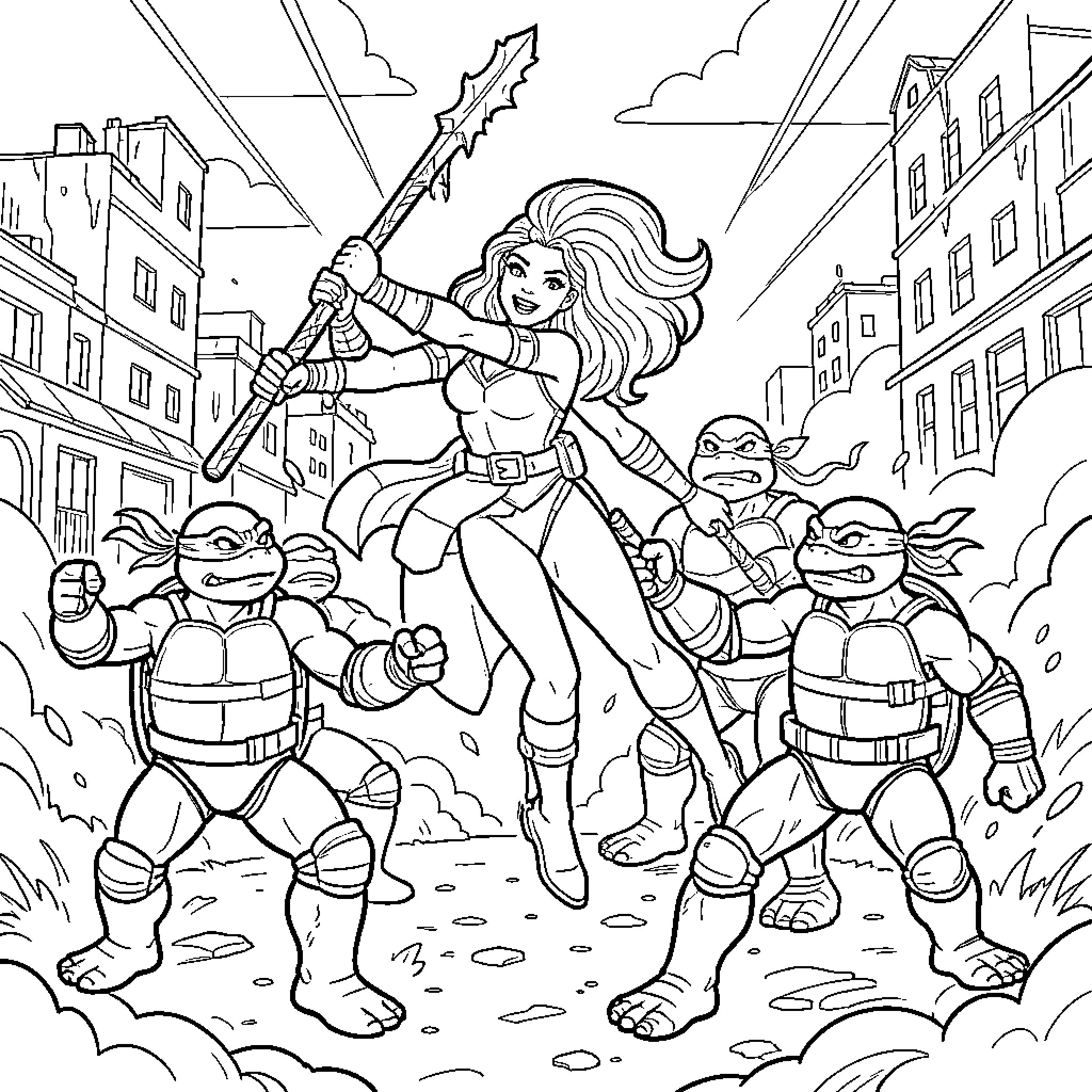 Barbie battling with ninja turtles in the city Coloring Page (free black-and-white line drawing printable PDF for all, from beginners to advanced learners, including children, teens, adults, and seniors)