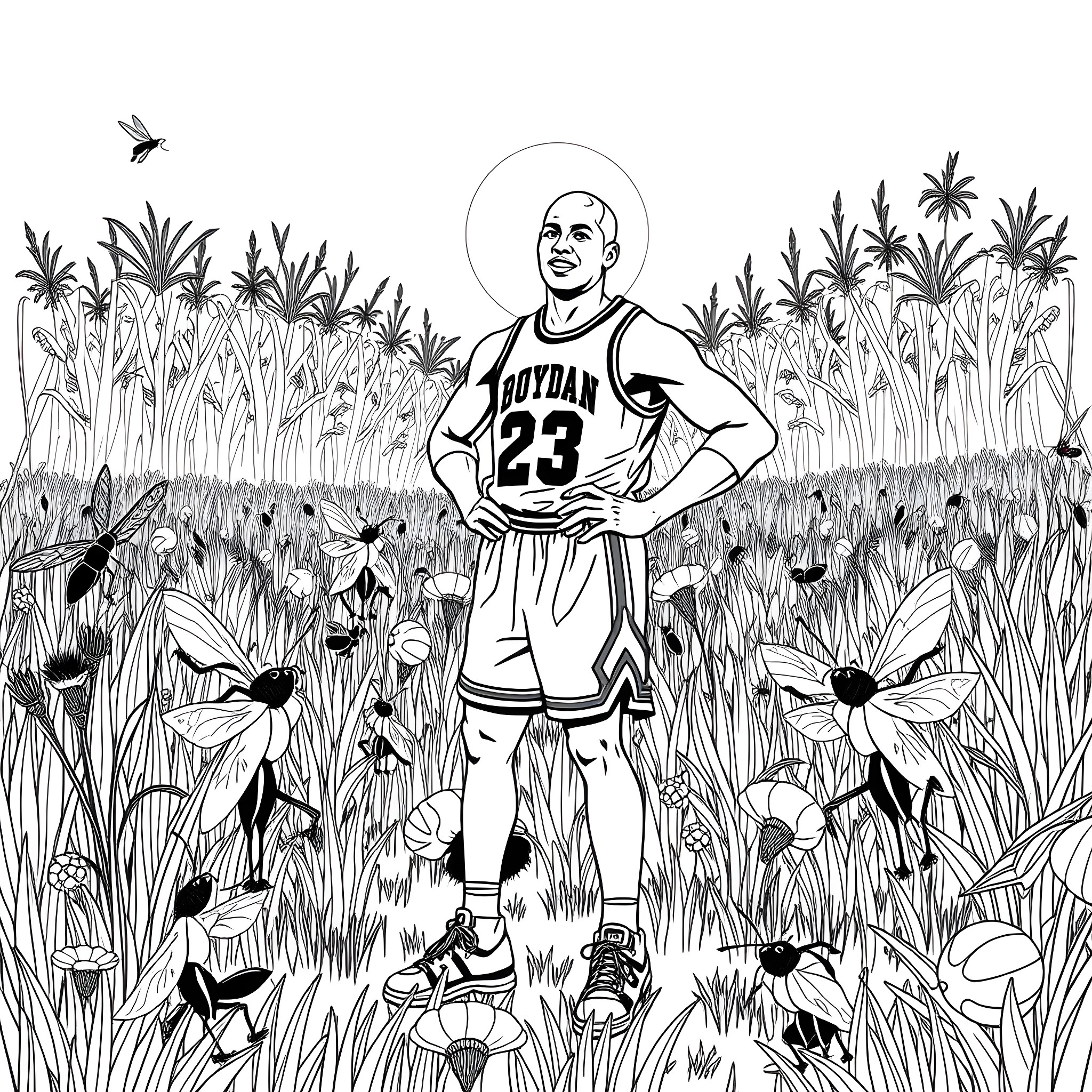 Michael Jordan's Triumphant Moment on the Basketball Court Coloring Page (free black-and-white line drawing printable PDF for all, from beginners to advanced learners, including children, teens, adults, and seniors)