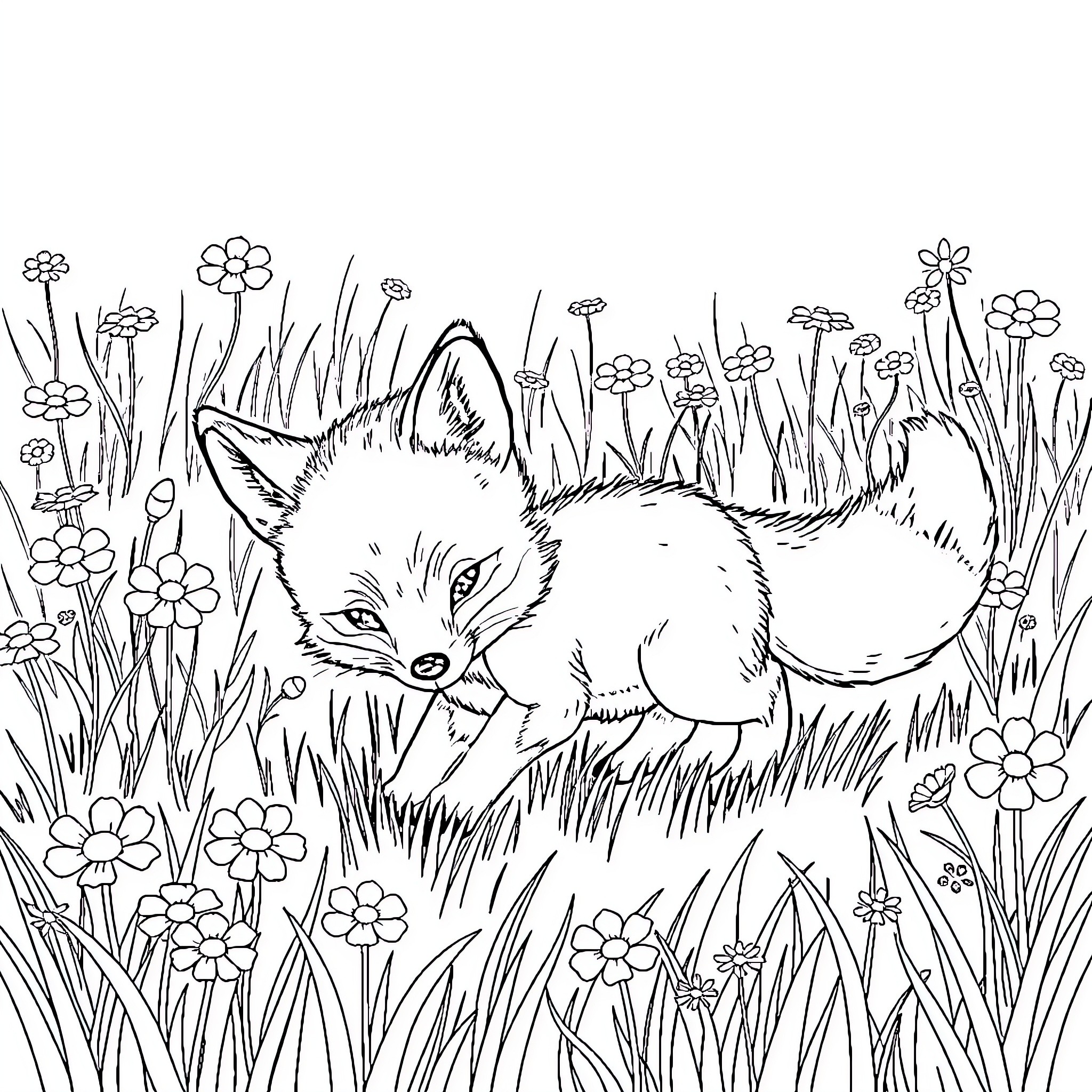 Fox exploring a flowery meadow Coloring Page (free black-and-white line drawing printable PDF for all, from beginners to advanced learners, including children, teens, adults, and seniors)