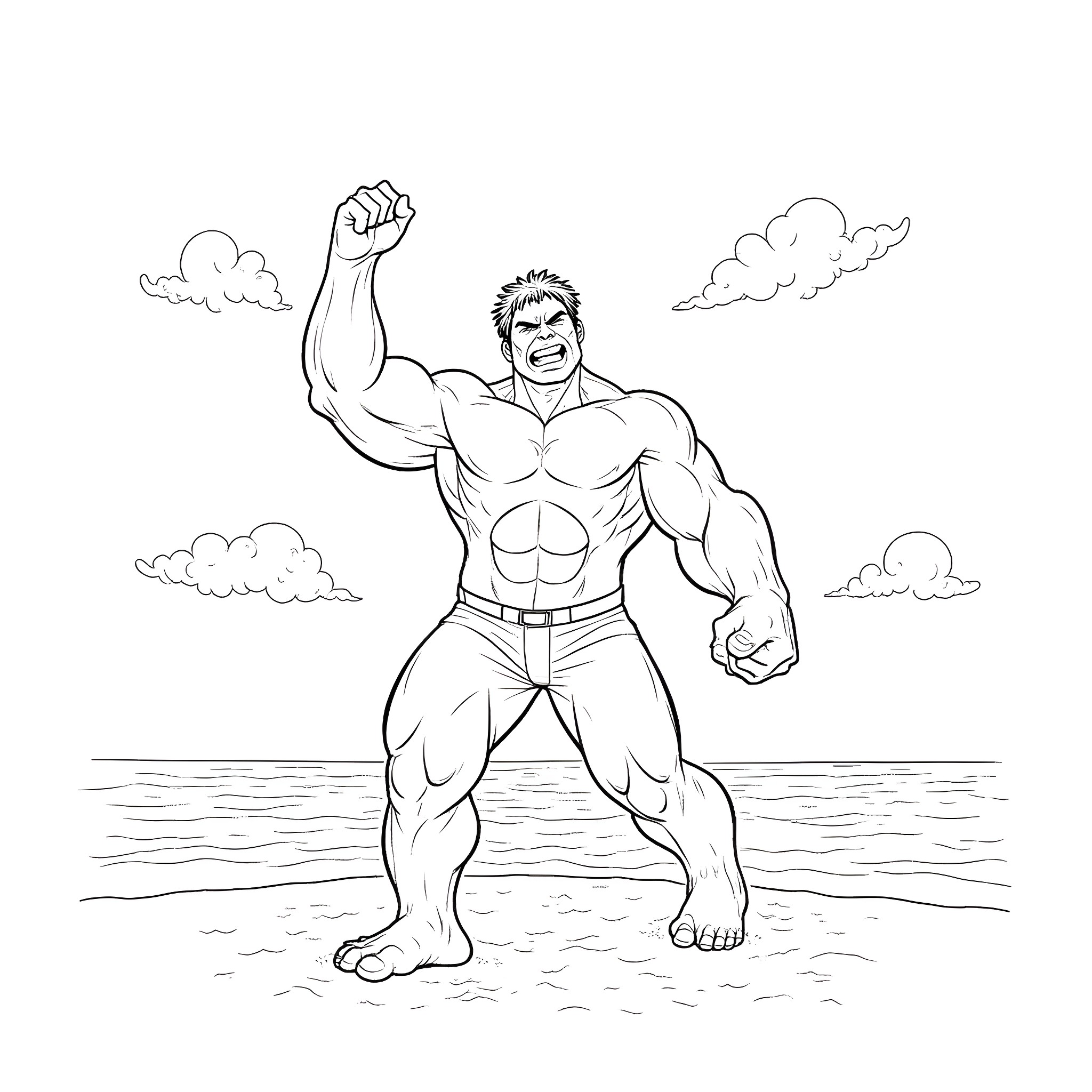 Hulk roaring with clenched fists in an outdoor scene Coloring Page (free black-and-white line drawing printable PDF for all, from beginners to advanced learners, including children, teens, adults, and seniors)