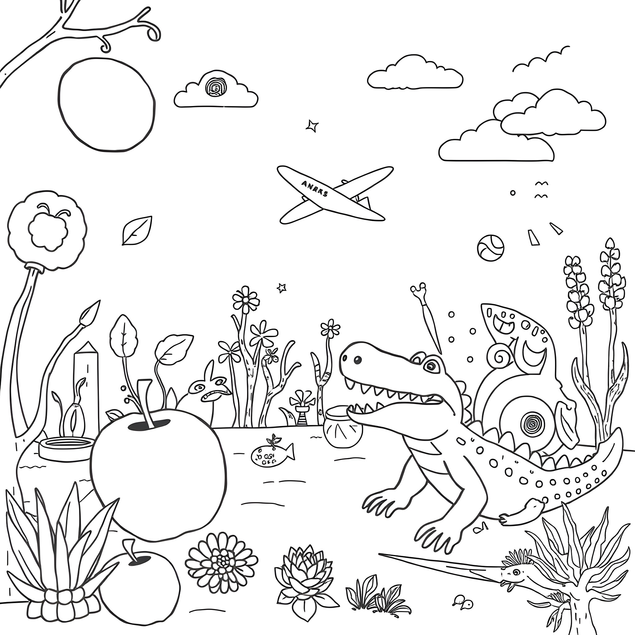 A playful crocodile in a whimsical garden scene Coloring Page (free black-and-white line drawing printable PDF for all, from beginners to advanced learners, including children, teens, adults, and seniors)