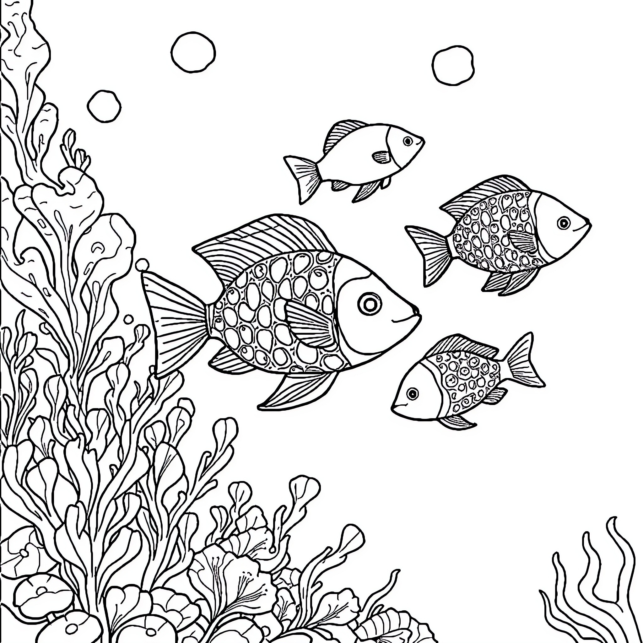 Fish swimming playfully among coral reefs Coloring Page (free black-and-white line drawing printable PDF for all, from beginners to advanced learners, including children, teens, adults, and seniors)