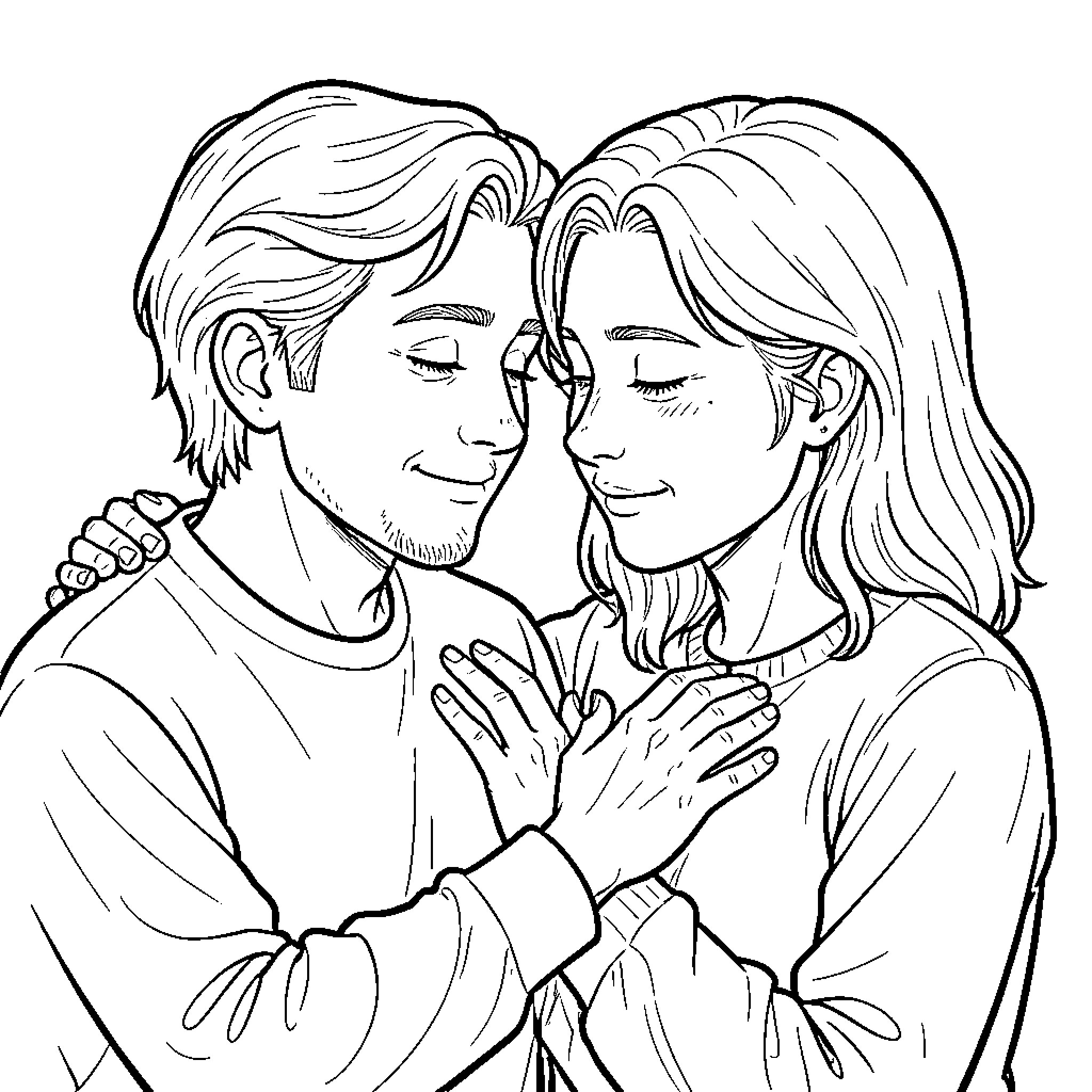 Love expressed through a tender and gentle embrace Coloring Page (free black-and-white line drawing printable PDF for all, from beginners to advanced learners, including children, teens, adults, and seniors)