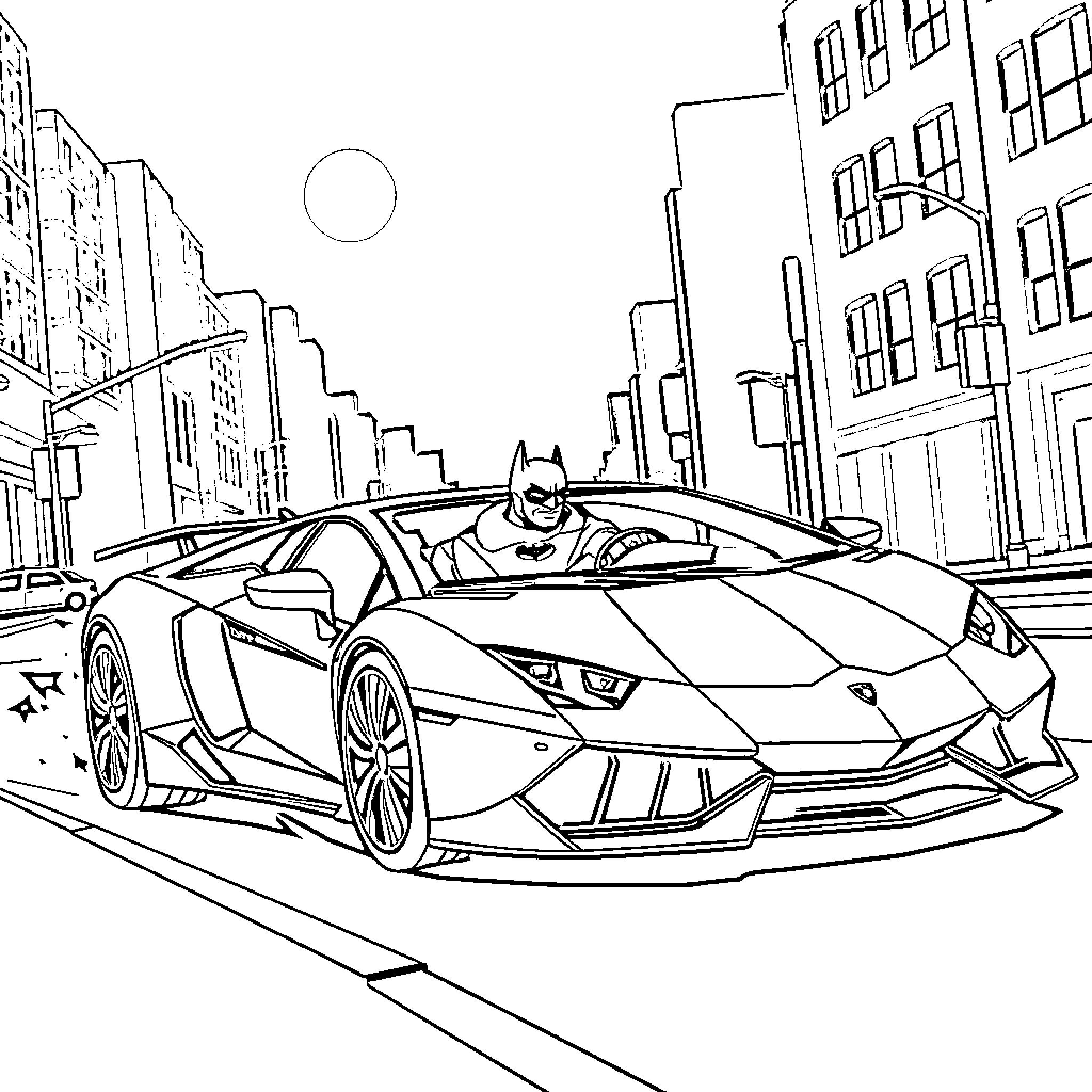 Batman in high-speed Lamborghini adventure through the city Coloring Page (free black-and-white line drawing printable PDF for all, from beginners to advanced learners, including children, teens, adults, and seniors)