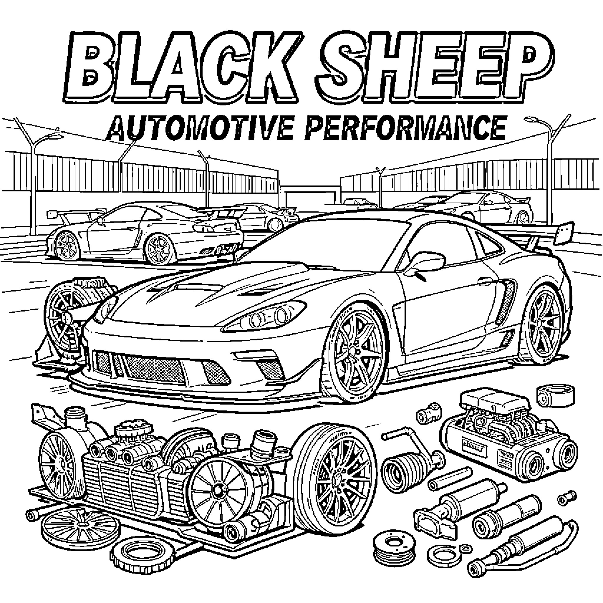 Sheep themed automotive performance parts and sports cars Coloring Page (free black-and-white line drawing printable PDF for all, from beginners to advanced learners, including children, teens, adults, and seniors)
