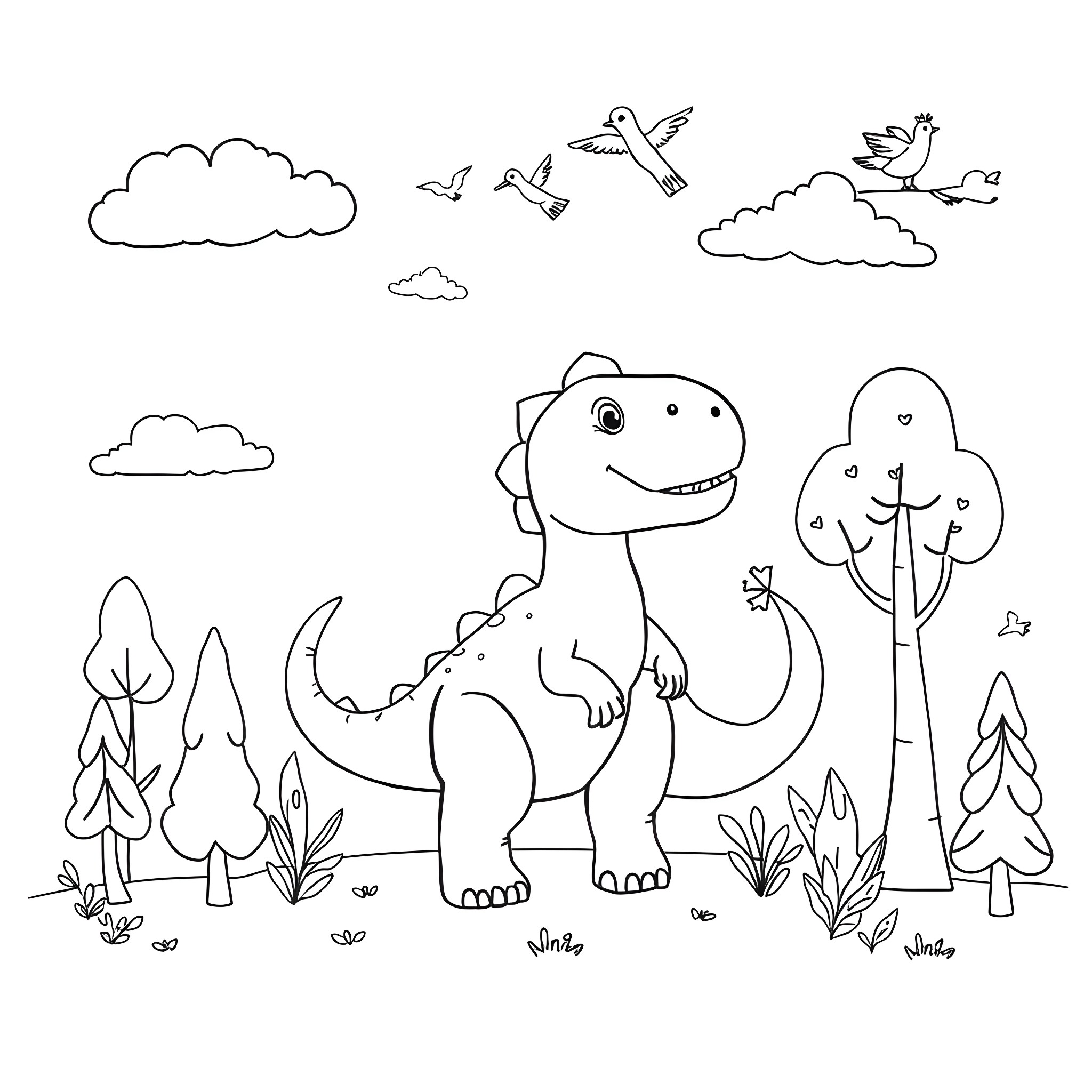 Dinosaur playing happily in the forest Coloring Page (free black-and-white line drawing printable PDF for all, from beginners to advanced learners, including children, teens, adults, and seniors)