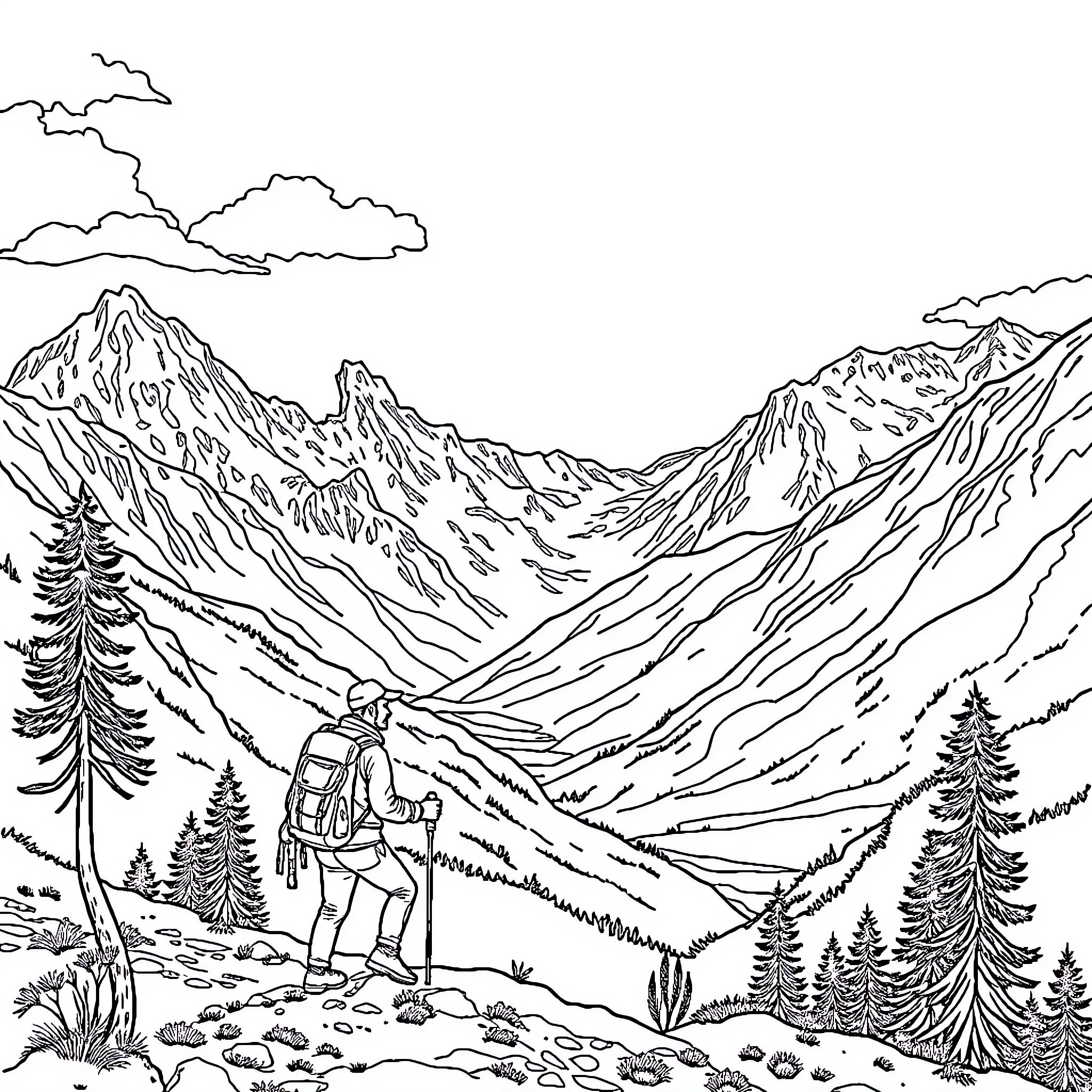 Hike through the majestic mountain landscape Coloring Page (free black-and-white line drawing printable PDF for all, from beginners to advanced learners, including children, teens, adults, and seniors)