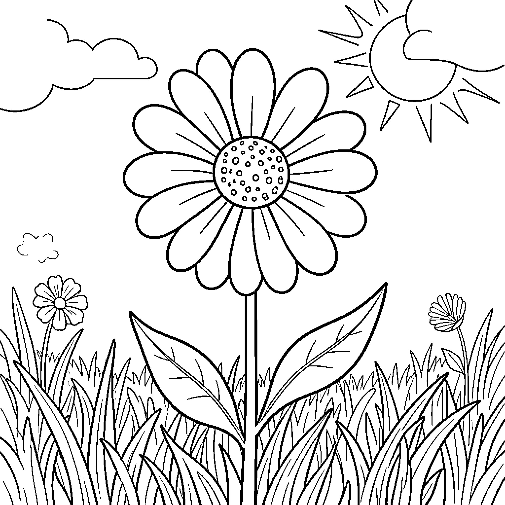 Flower blooming brightly under the sun Coloring Page (free black-and-white line drawing printable PDF for all, from beginners to advanced learners, including children, teens, adults, and seniors)