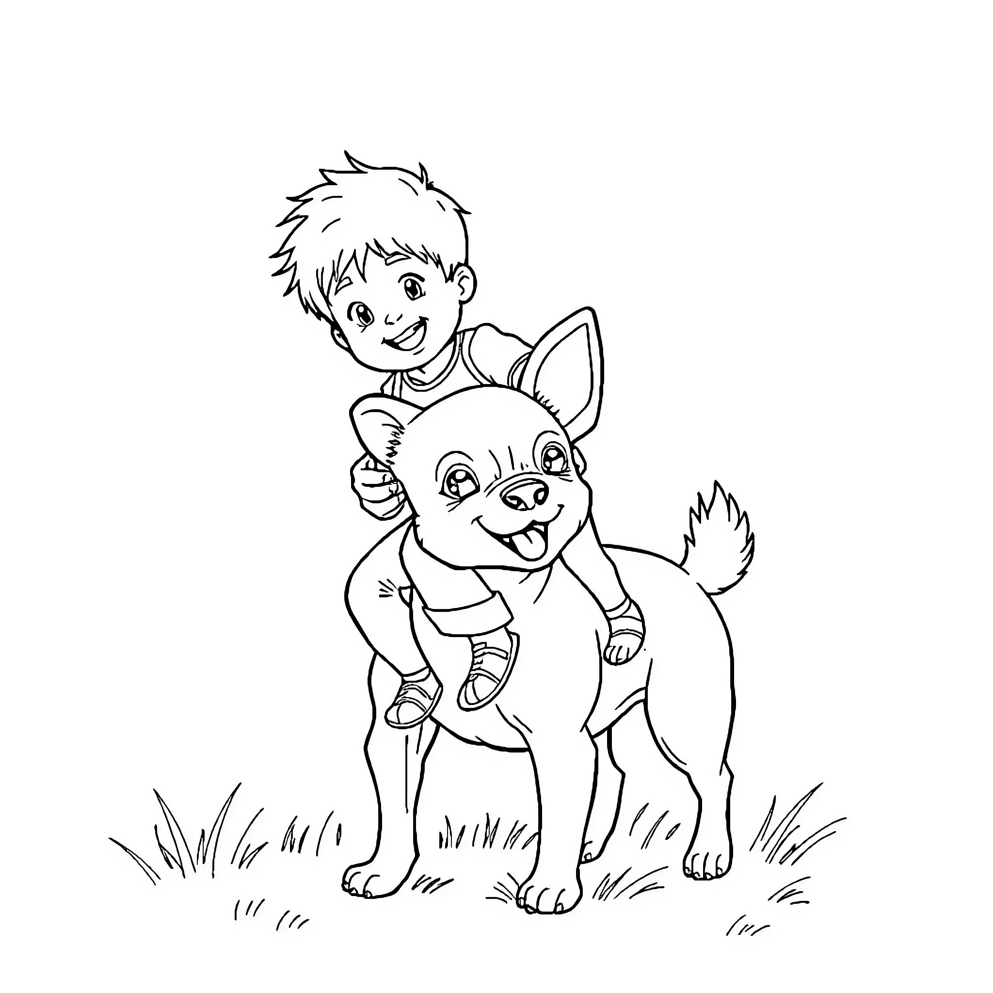 Boy playing happily with his dog in the outdoors Coloring Page (free black-and-white line drawing printable PDF for all, from beginners to advanced learners, including children, teens, adults, and seniors)