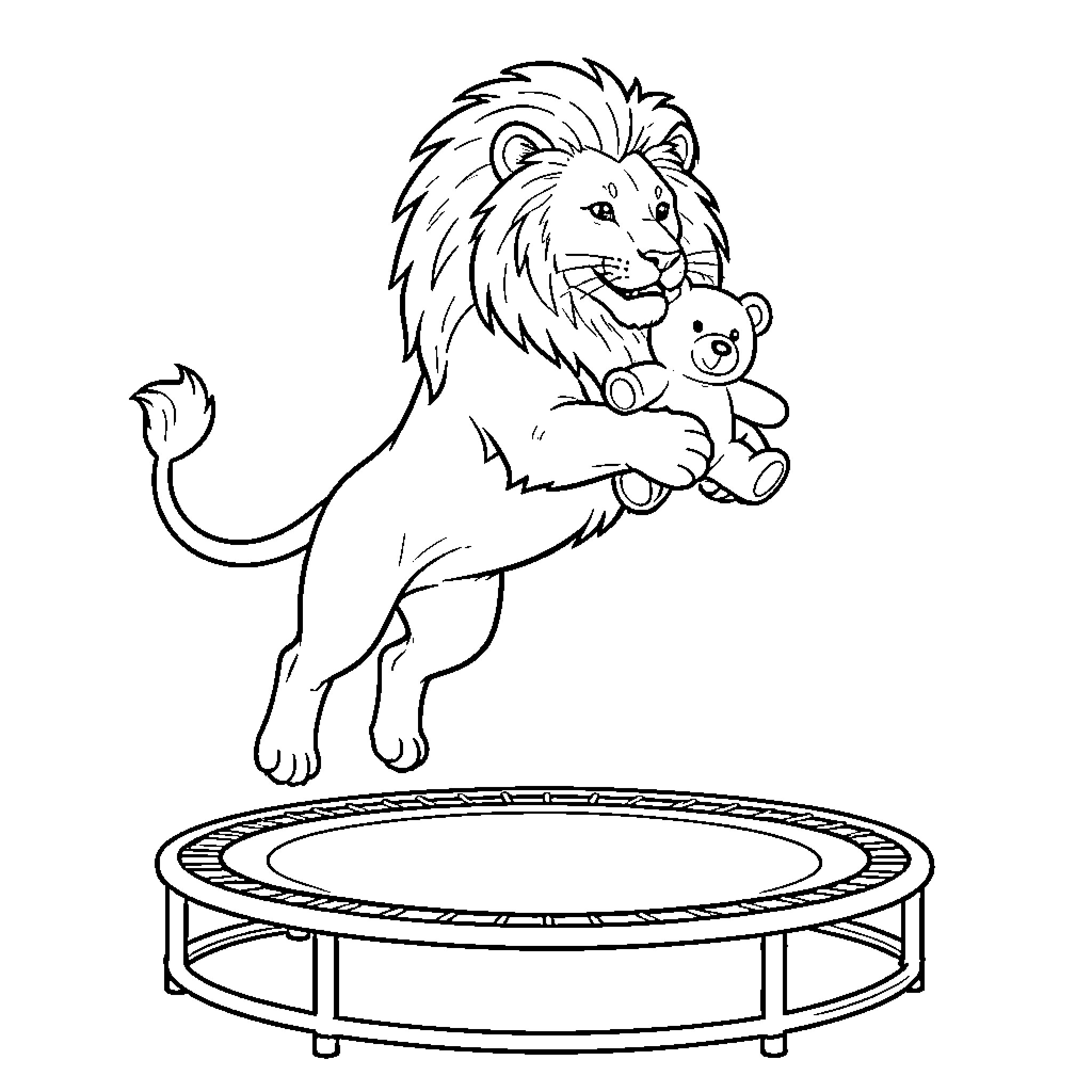 Lion jumping joyfully on a trampoline with a teddy bear Coloring Page (free black-and-white line drawing printable PDF for all, from beginners to advanced learners, including children, teens, adults, and seniors)