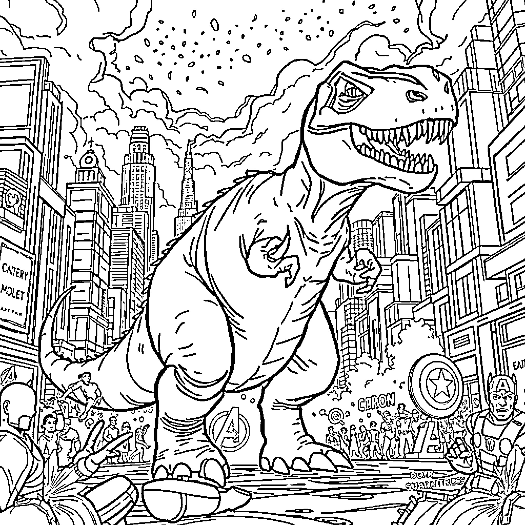 Dinosaur rampaging through the city Coloring Page (free black-and-white line drawing printable PDF for all, from beginners to advanced learners, including children, teens, adults, and seniors)