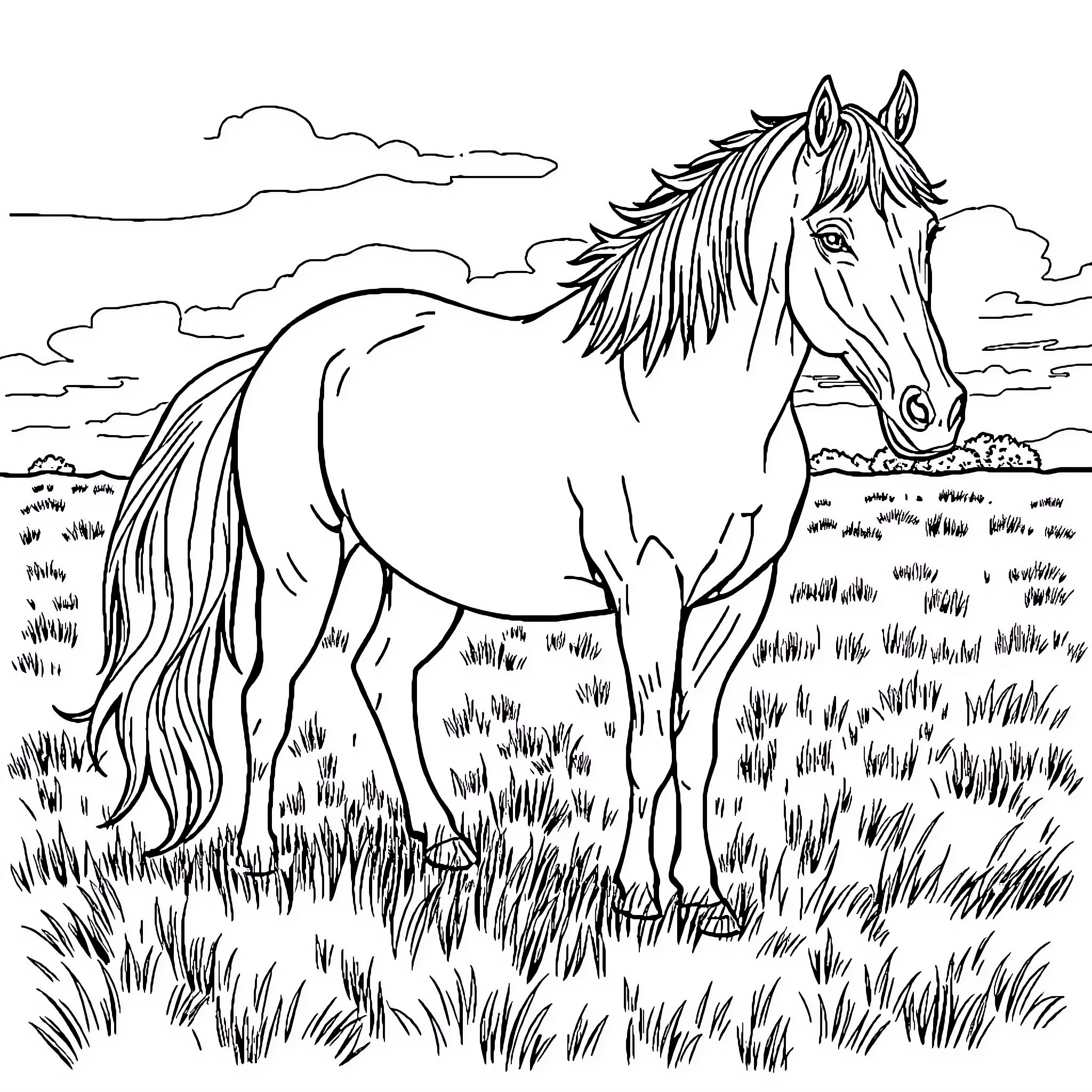 Horse Grazing in a Grassy Field Coloring Page (free black-and-white line drawing printable PDF for all, from beginners to advanced learners, including children, teens, adults, and seniors)