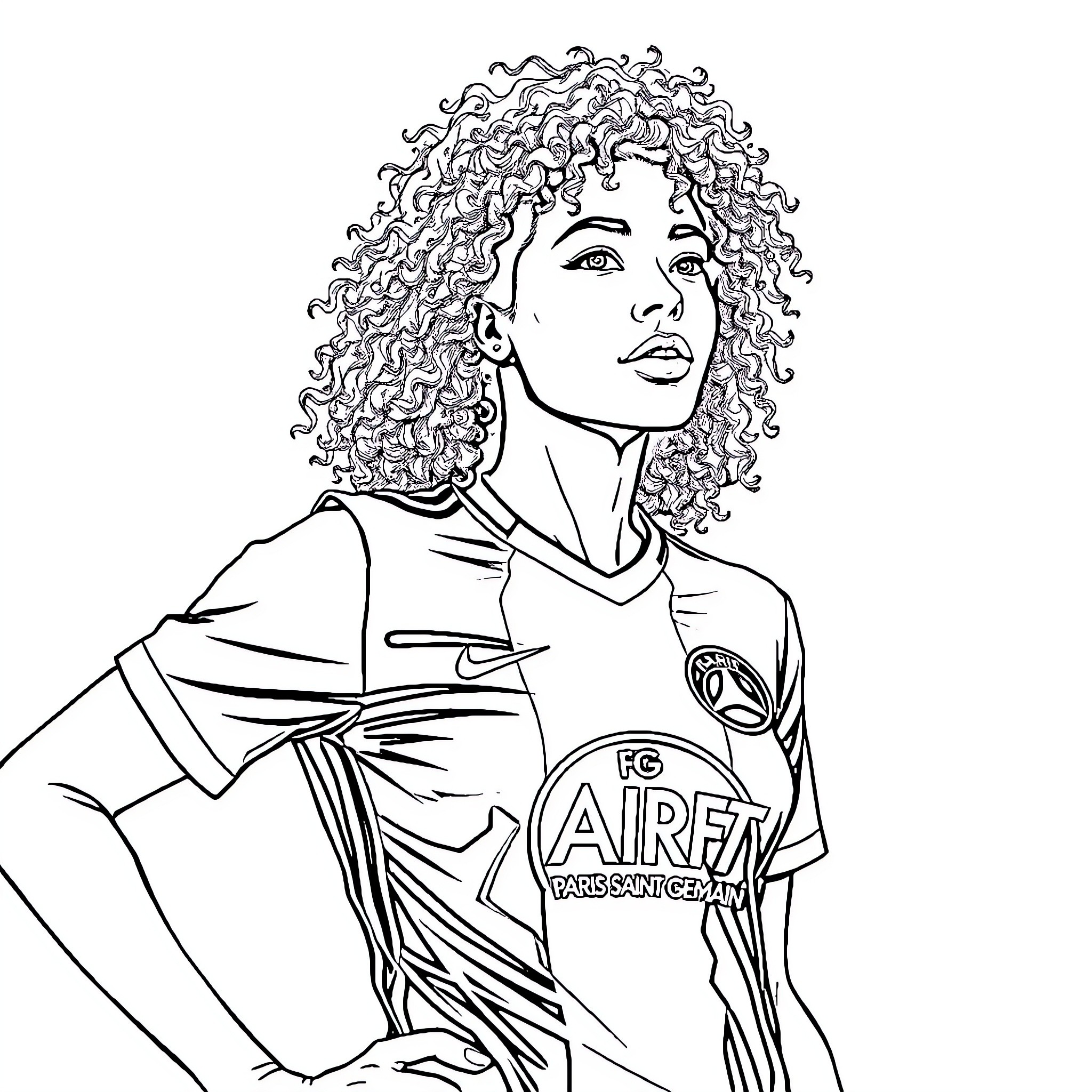 Woman wearing sports jersey with curly hair Coloring Page (free black-and-white line drawing printable PDF for all, from beginners to advanced learners, including children, teens, adults, and seniors)