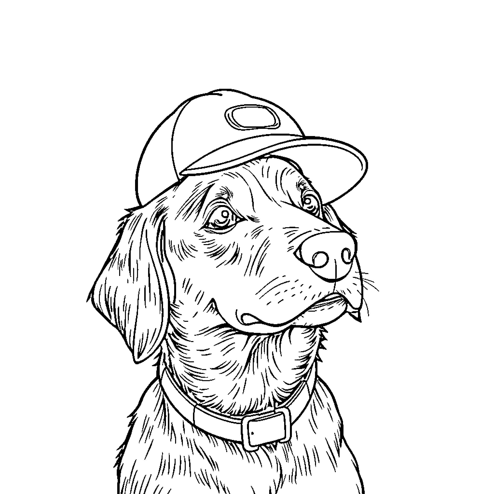 Dog wearing baseball cap with happy expression Coloring Page (free black-and-white line drawing printable PDF for all, from beginners to advanced learners, including children, teens, adults, and seniors)