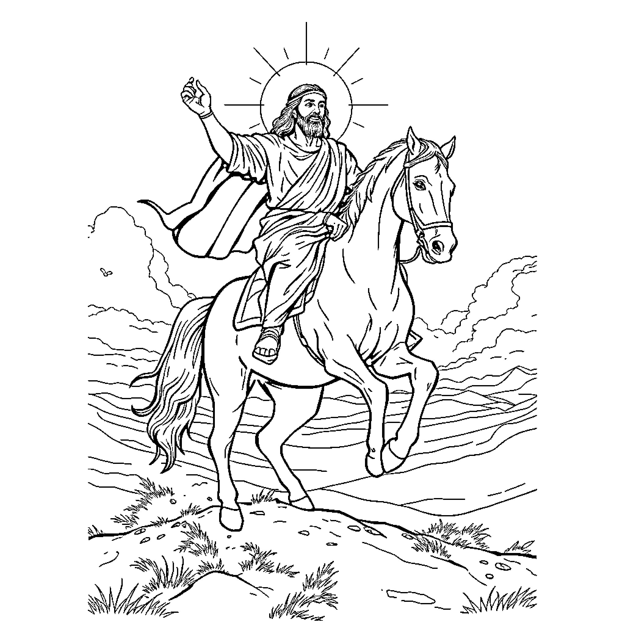 Christ's Triumphant Entry on Horseback Coloring Page (free black-and-white line drawing printable PDF for all, from beginners to advanced learners, including children, teens, adults, and seniors)