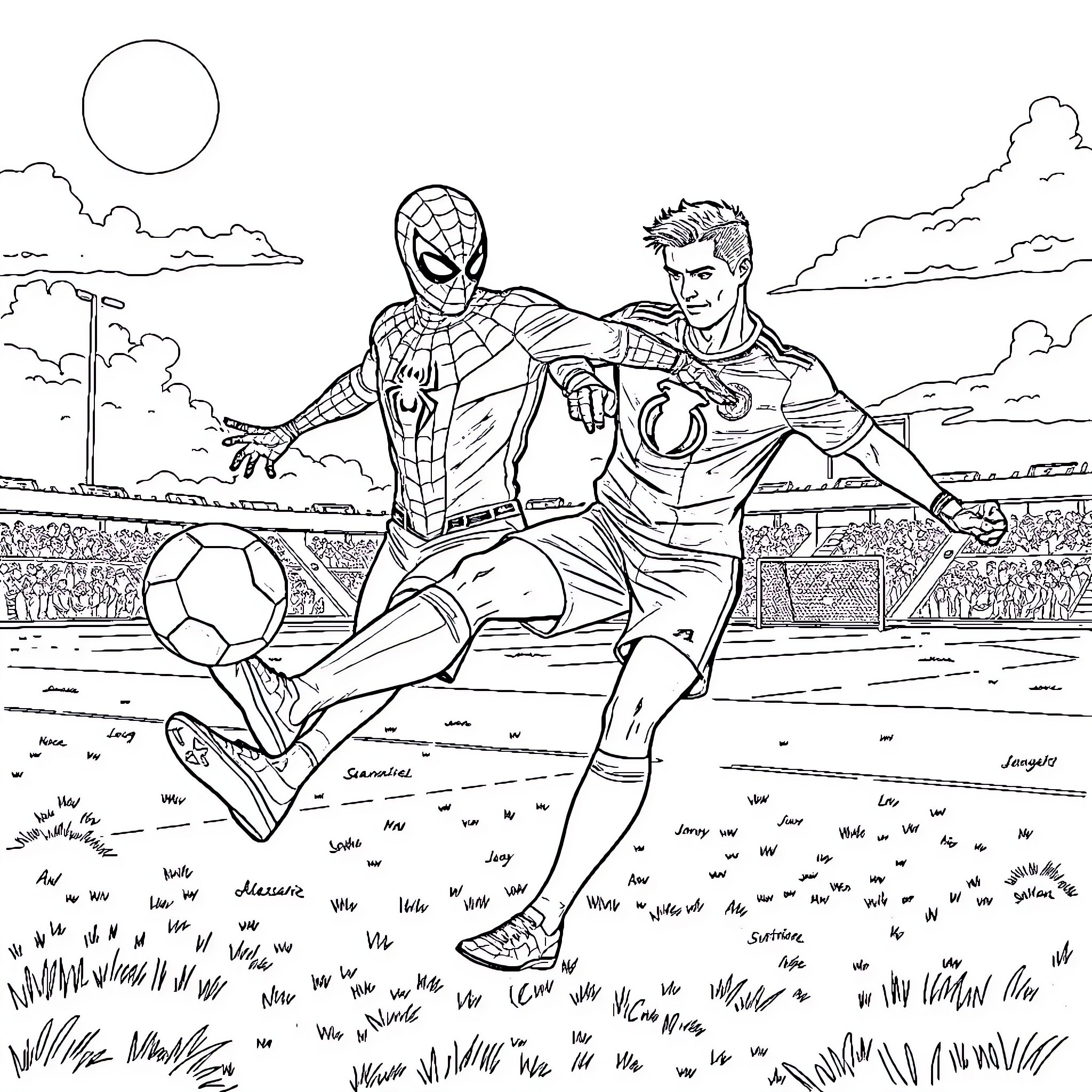 Spiderman and friend playing soccer on field Coloring Page (free black-and-white line drawing printable PDF for all, from beginners to advanced learners, including children, teens, adults, and seniors)