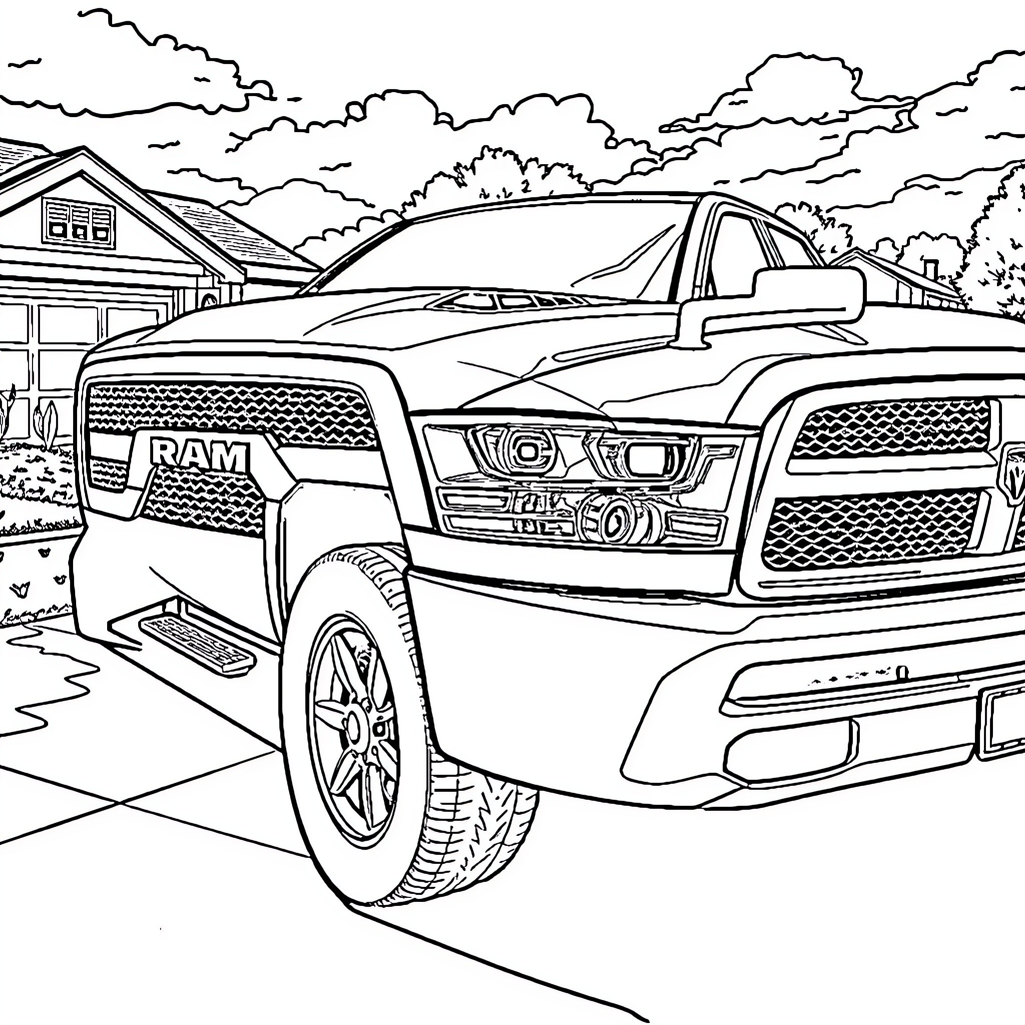 Ram truck parked in front of country house Coloring Page (free black-and-white line drawing printable PDF for all, from beginners to advanced learners, including children, teens, adults, and seniors)