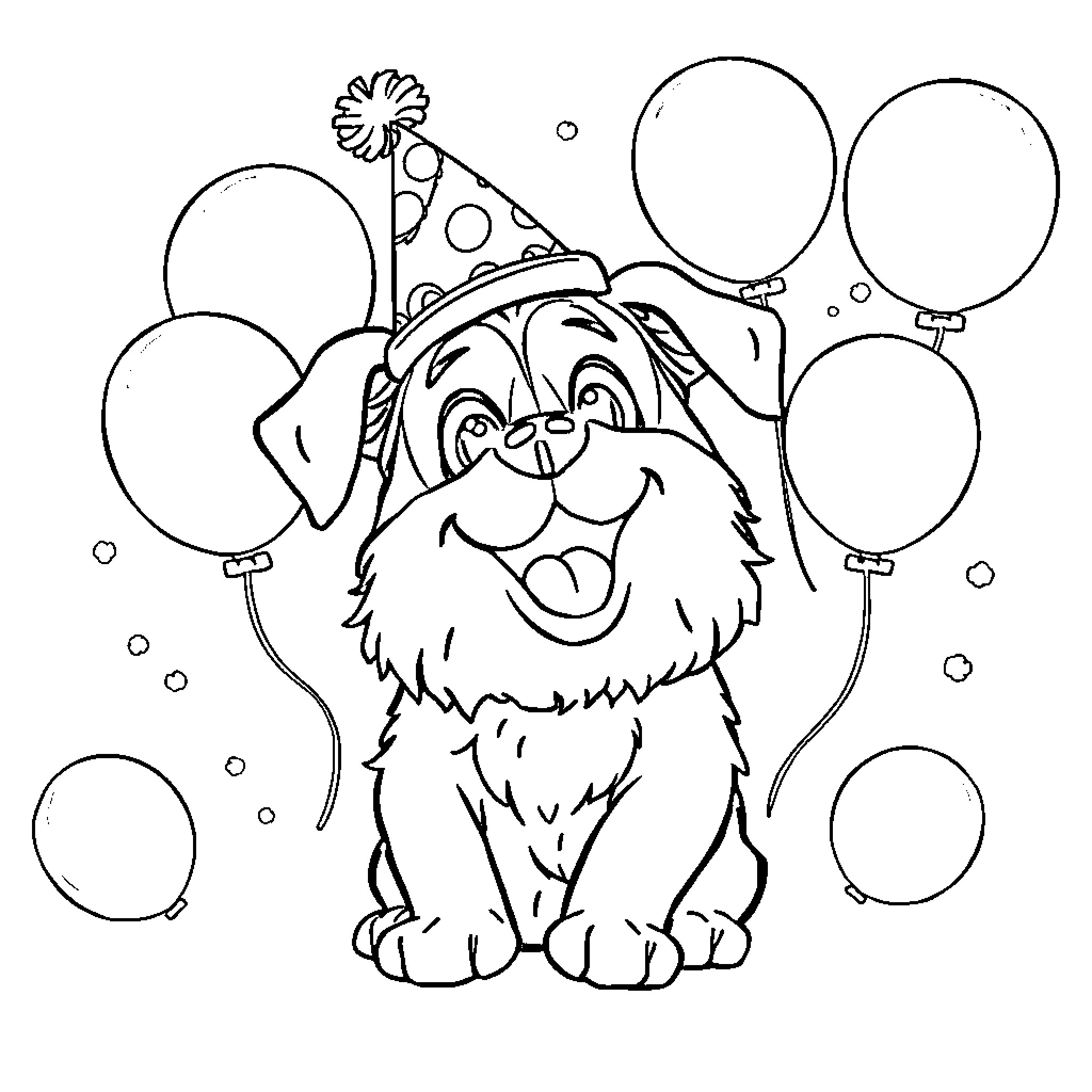 Kripto's Playful Party with Balloons Coloring Page (free black-and-white line drawing printable PDF for all, from beginners to advanced learners, including children, teens, adults, and seniors)