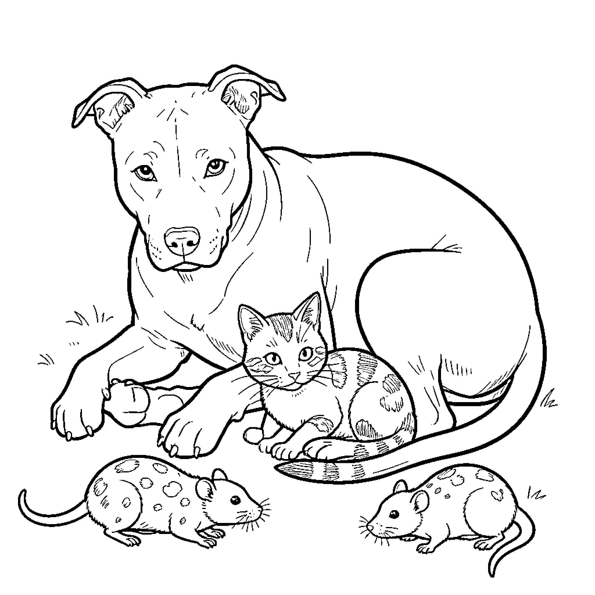 Pit Bull resting peacefully with a cat and mice Coloring Page (free black-and-white line drawing printable PDF for all, from beginners to advanced learners, including children, teens, adults, and seniors)