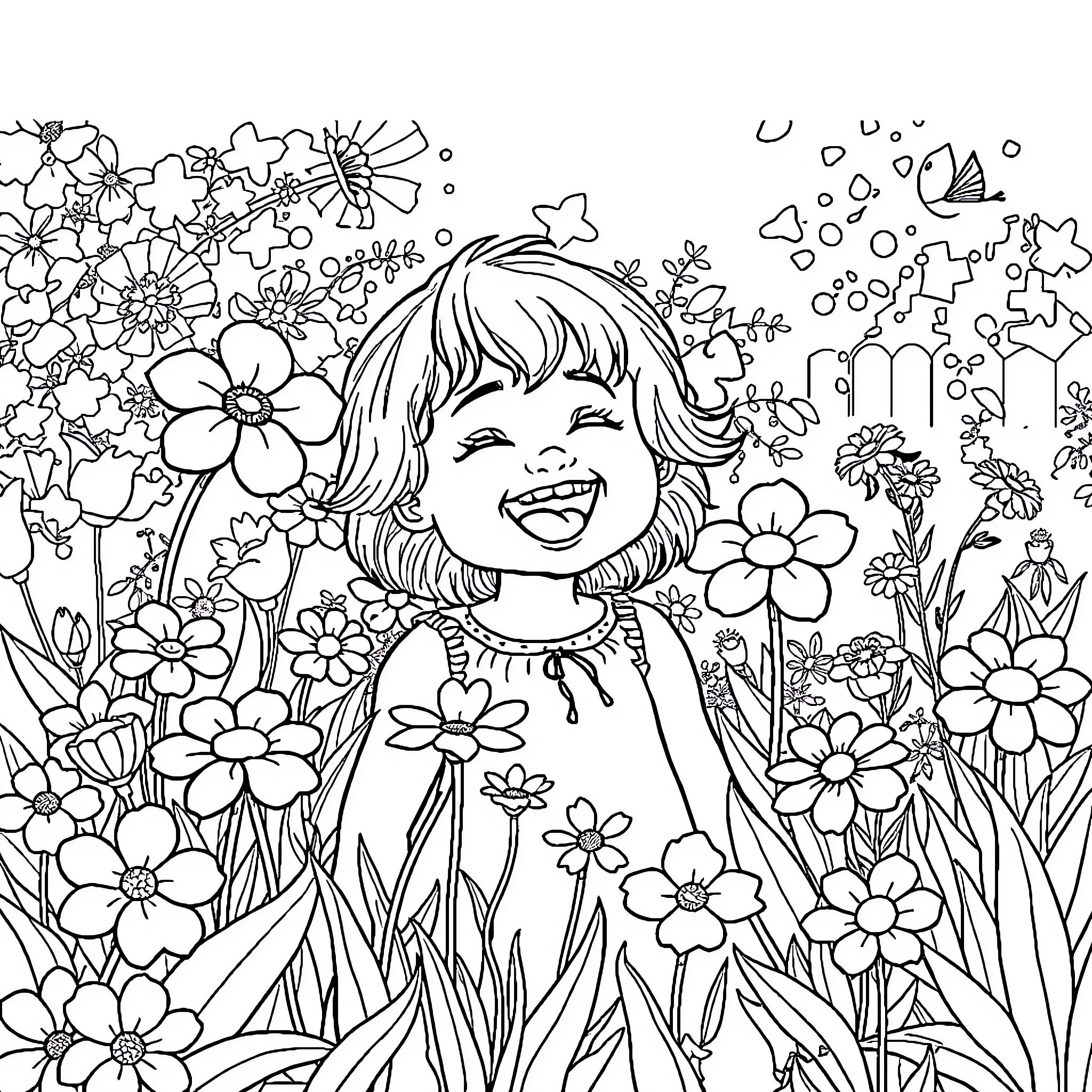 Child playing happily in a flower garden Coloring Page (free black-and-white line drawing printable PDF for all, from beginners to advanced learners, including children, teens, adults, and seniors)