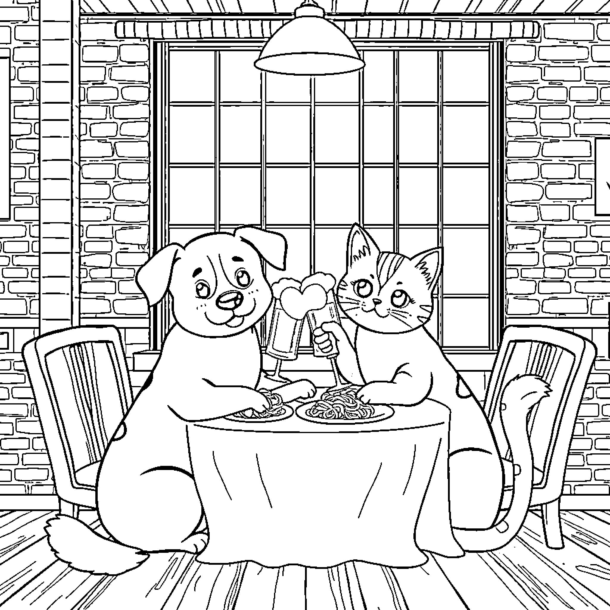Pet dog and cat enjoying a meal together Coloring Page (free black-and-white line drawing printable PDF for all, from beginners to advanced learners, including children, teens, adults, and seniors)