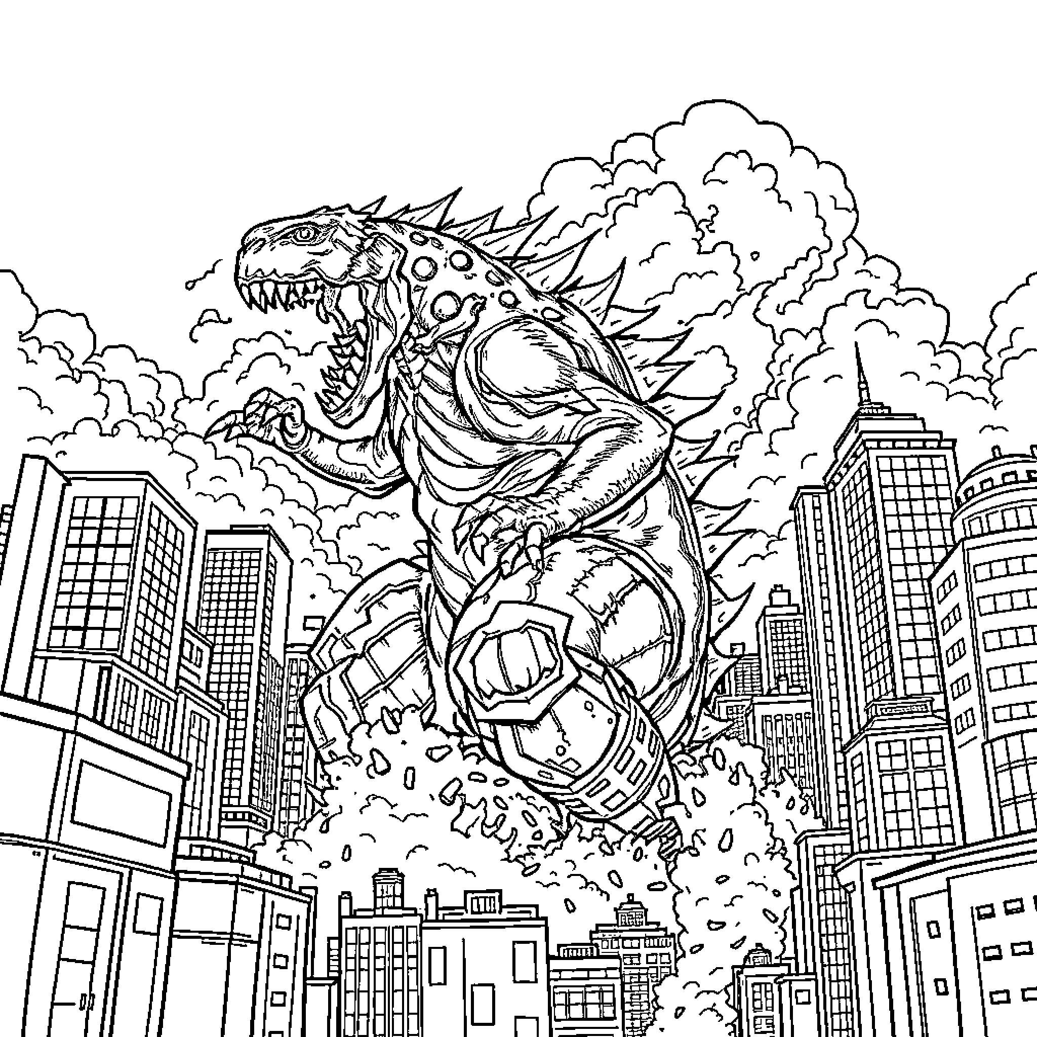 Monster Rampaging Through the City Coloring Page (free black-and-white line drawing printable PDF for all, from beginners to advanced learners, including children, teens, adults, and seniors)