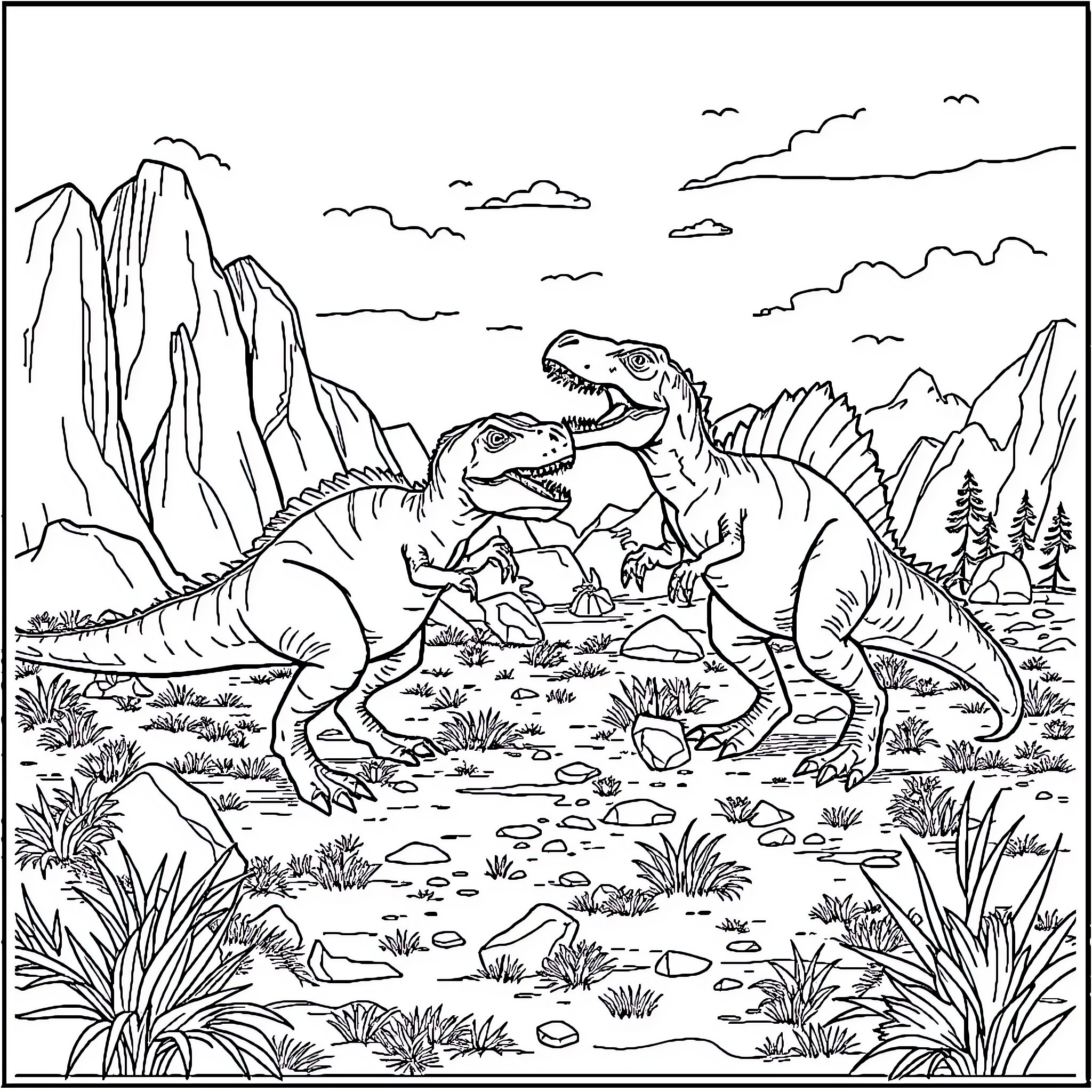 Dino prehistoric beasts in a rugged landscape Coloring Page (free black-and-white line drawing printable PDF for all, from beginners to advanced learners, including children, teens, adults, and seniors)