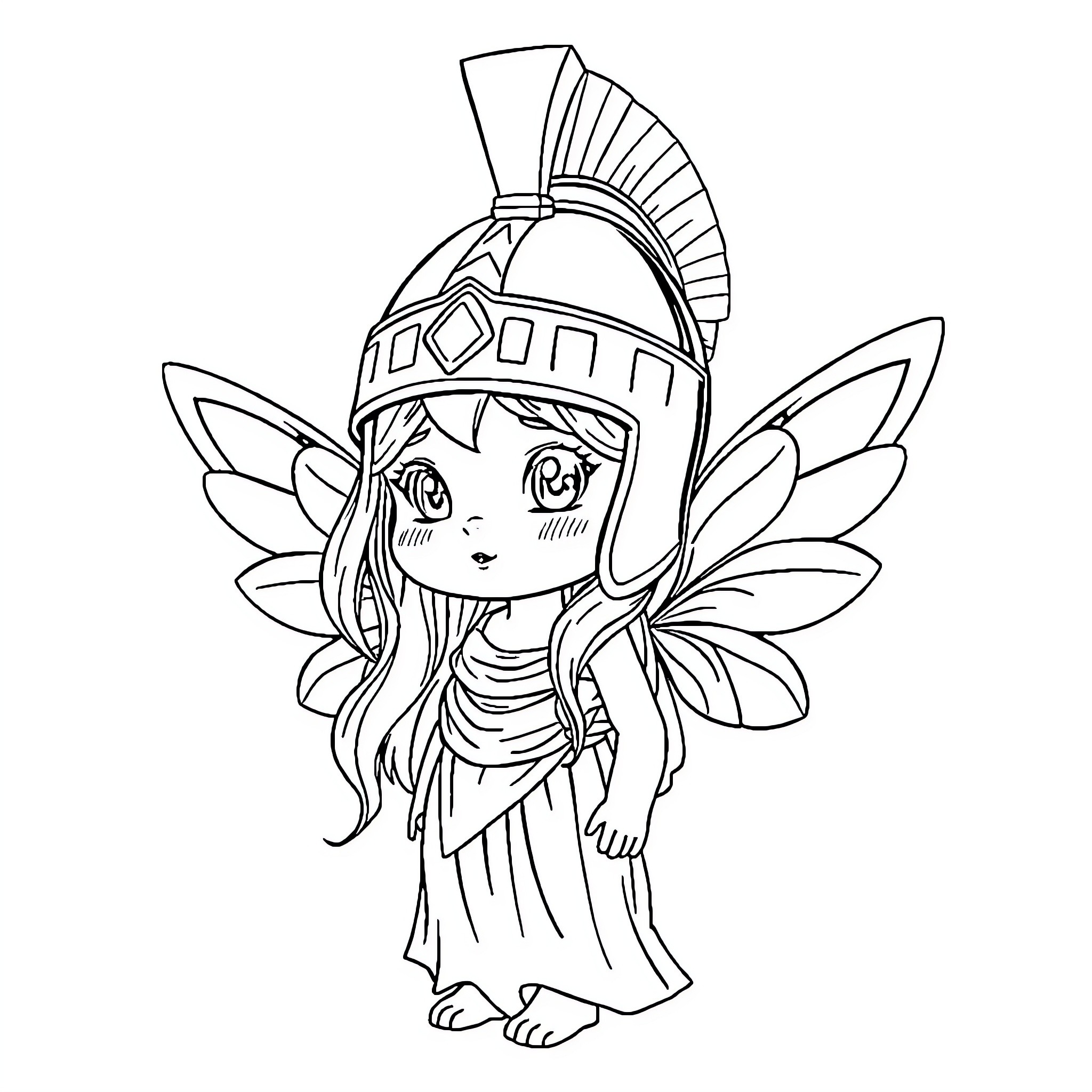 Athena, the Fairy Warrior in Contemplation Coloring Page (free black-and-white line drawing printable PDF for all, from beginners to advanced learners, including children, teens, adults, and seniors)